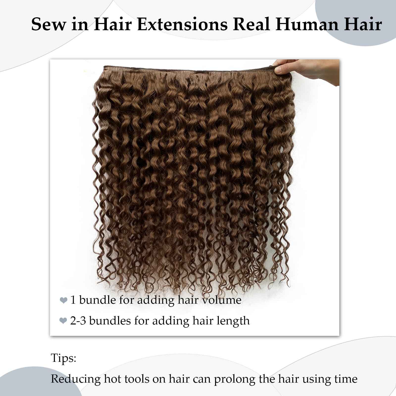 Sew in Hair Extensions Real Human Hair, Hand Tied Human Hair Weft Extensions 14 Inch Chocolate Brown Double Weft Full Head Curly Human Hair Weaves Bundles 80G Hair Wefts Weave Hair Extensions