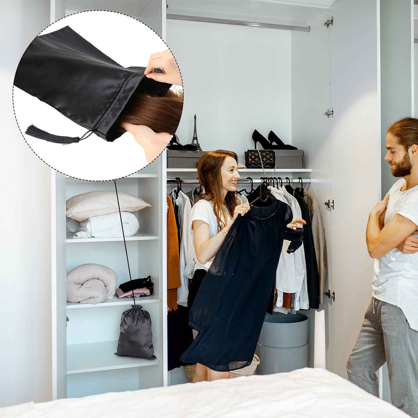 Shappy 4 Pieces Silk Satin Wig Bag Black Hair Bags with Drawstring Tassel Stuff Satin Black Gift Travel Storage for Packaging Bundles Extension Home Salon Travel