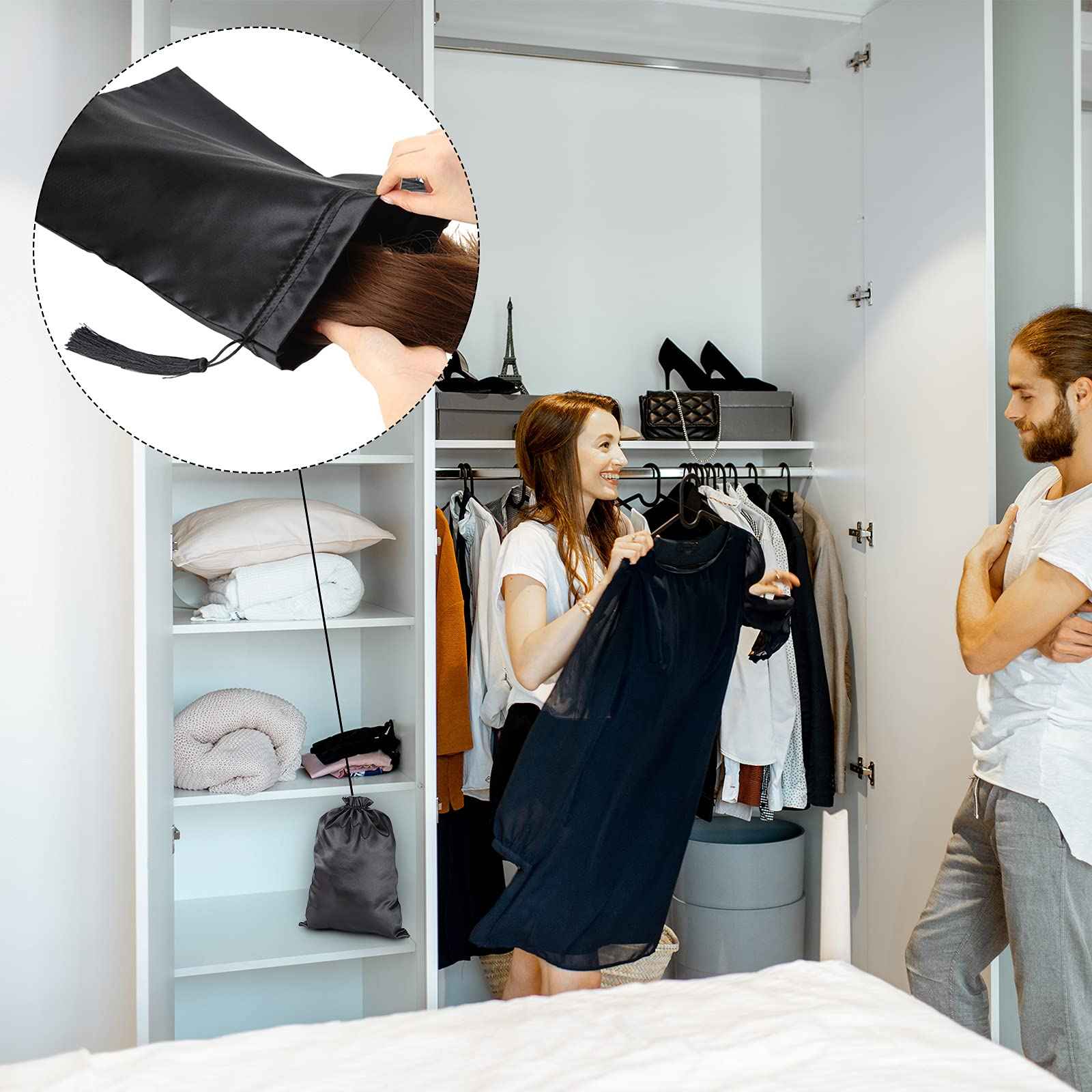 Shappy 4 Pieces Silk Satin Wig Bag Black Hair Bags with Drawstring Tassel Stuff Satin Black Gift Travel Storage for Packaging Bundles Extension Home Salon Travel