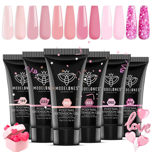 Modelones Poly Nail Gel Set, 6 Colors Pink Confetti Collection Nude Pink Glitter Colors Poly Extension Gel Enhancement Builder Nail Gel Pastel Summer Manicure DIY Home Salon Beauty Gift