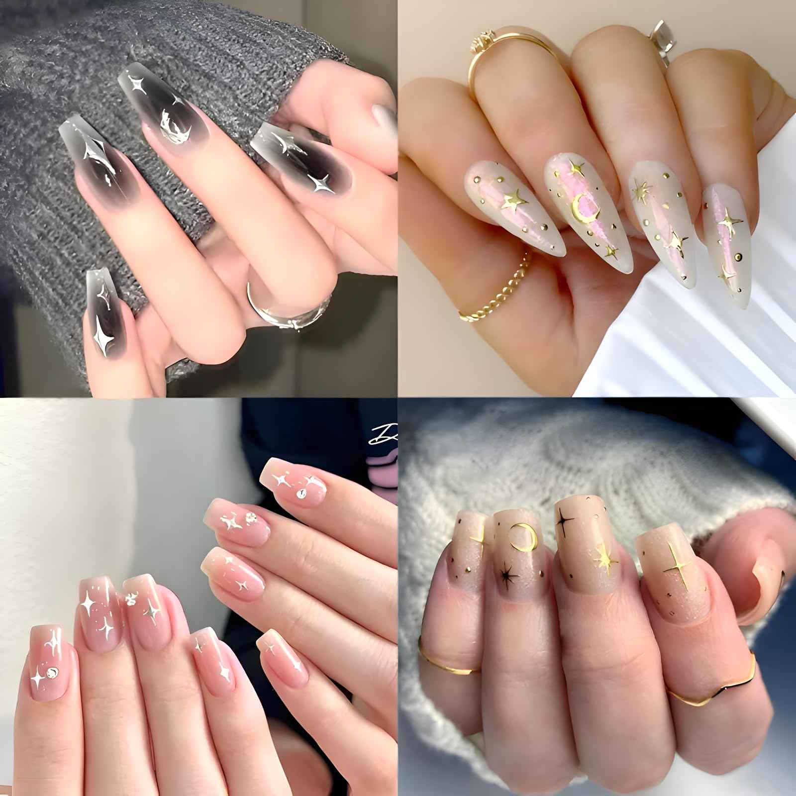 Namrec 12 Sheets Star Nail Stickers for Nail Art Gold Moon Star Nail Art Stickers Decals 3D Self Adhesive Aurora Nail Decals Silver Star Nail Art Design Decoration Accessories for Women, Style 3