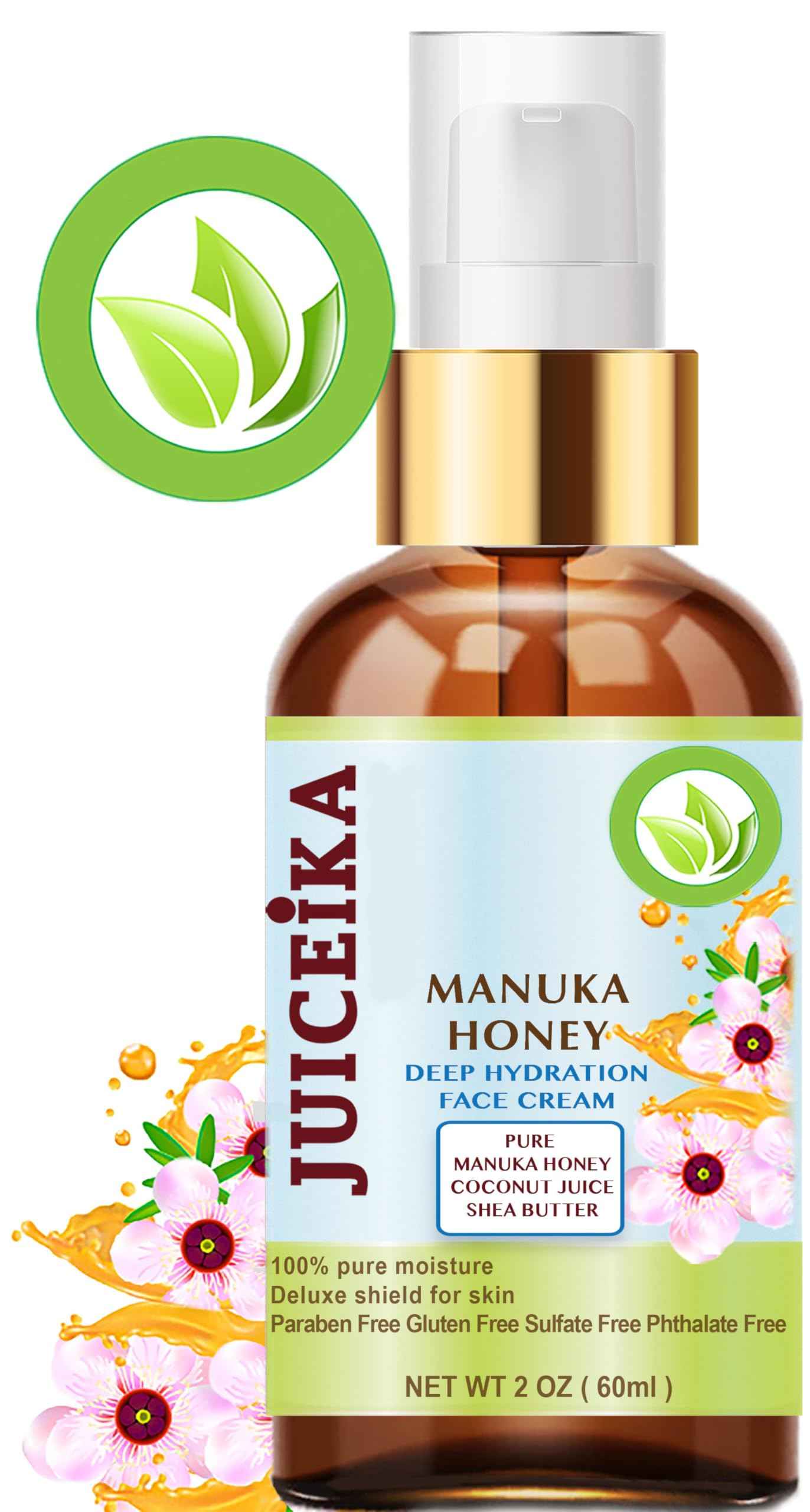 Juiceika MANUKA HONEY Deep Hydration Face Cream Face Moisturizer. Manuka Oil, Aloe Vera, Shea Butter, Coconut Oil, Jojoba Oil, Squalane, Hyaluronic Acid, Avocado Oil 2 Fl. oz. - 60 ml.