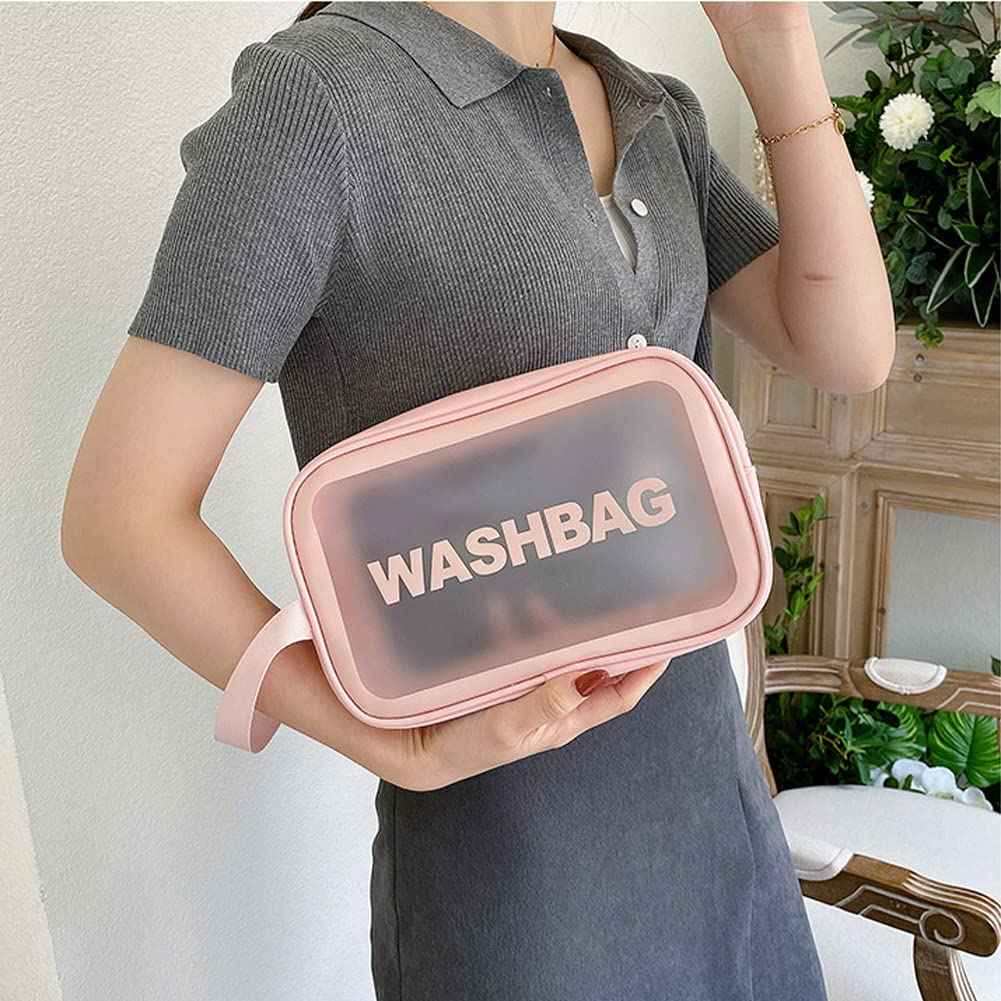 Aucuu 5PCS Clear Toiletry Bags, Wash Bag, Clear PU Makeup Bag, Waterproof Toiletry Travel Bag with Zipper Handle, Portable Airport Cosmetic Bag for Travel Bathroom Men Women (Pink)