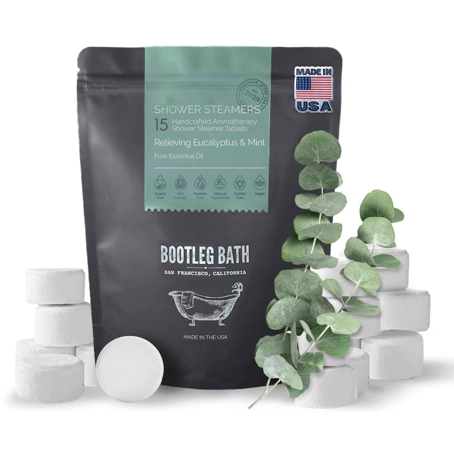 BOOTLEG BATH Shower Steamers Aromatherapy Eucalyptus and Mint 15 Pack, 100% Pure Essential Oil, All Natural, for Men and Women, Made in USA