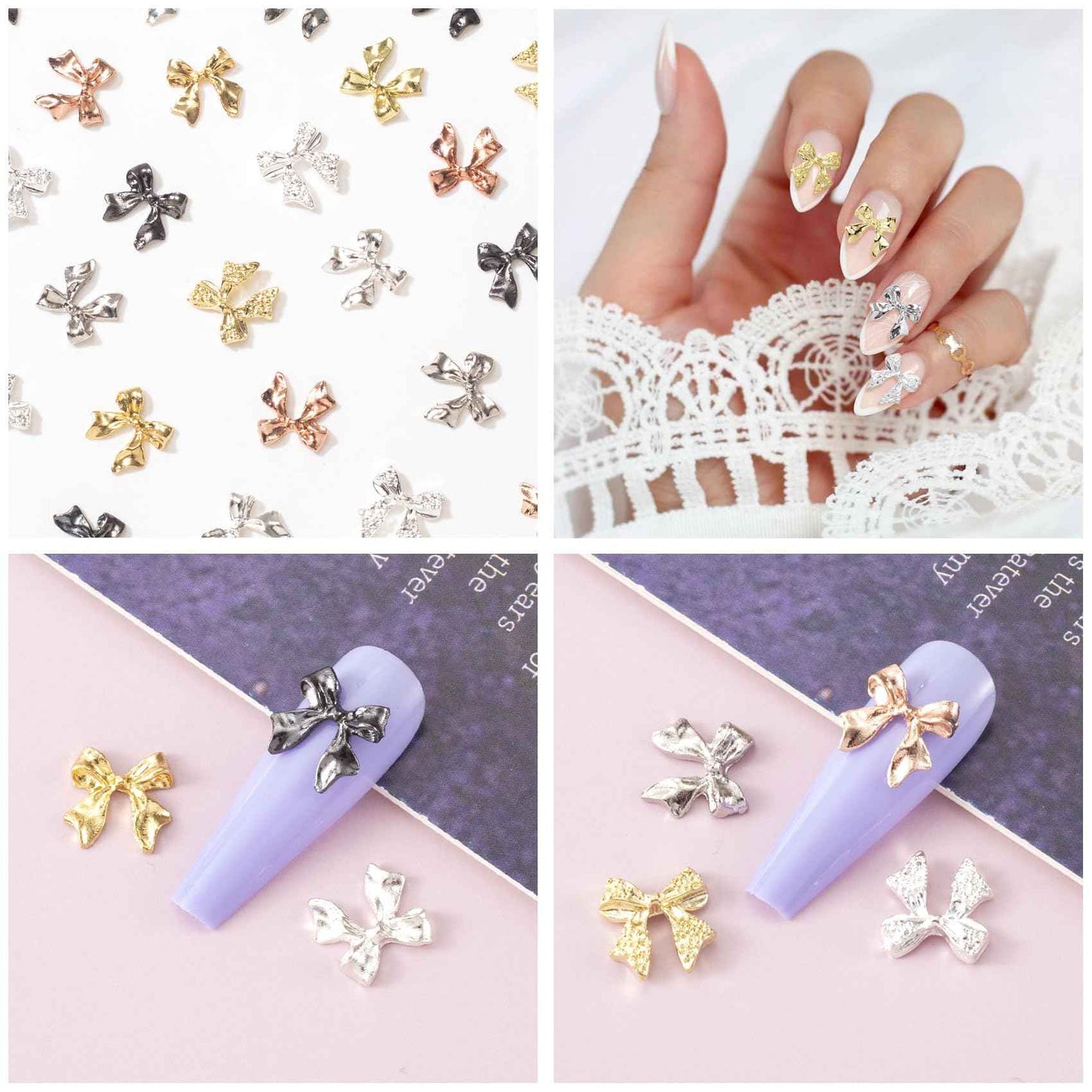 HINZIC 70Pcs 3D Bow Nail Charm Gold Silver Black Cute Bowknot Nail Art Bows Alloy Glitter Acrylic Rhinestones Gems Valentine Wedding Prom Jewelry Decoration for Women Manicure Cards Making