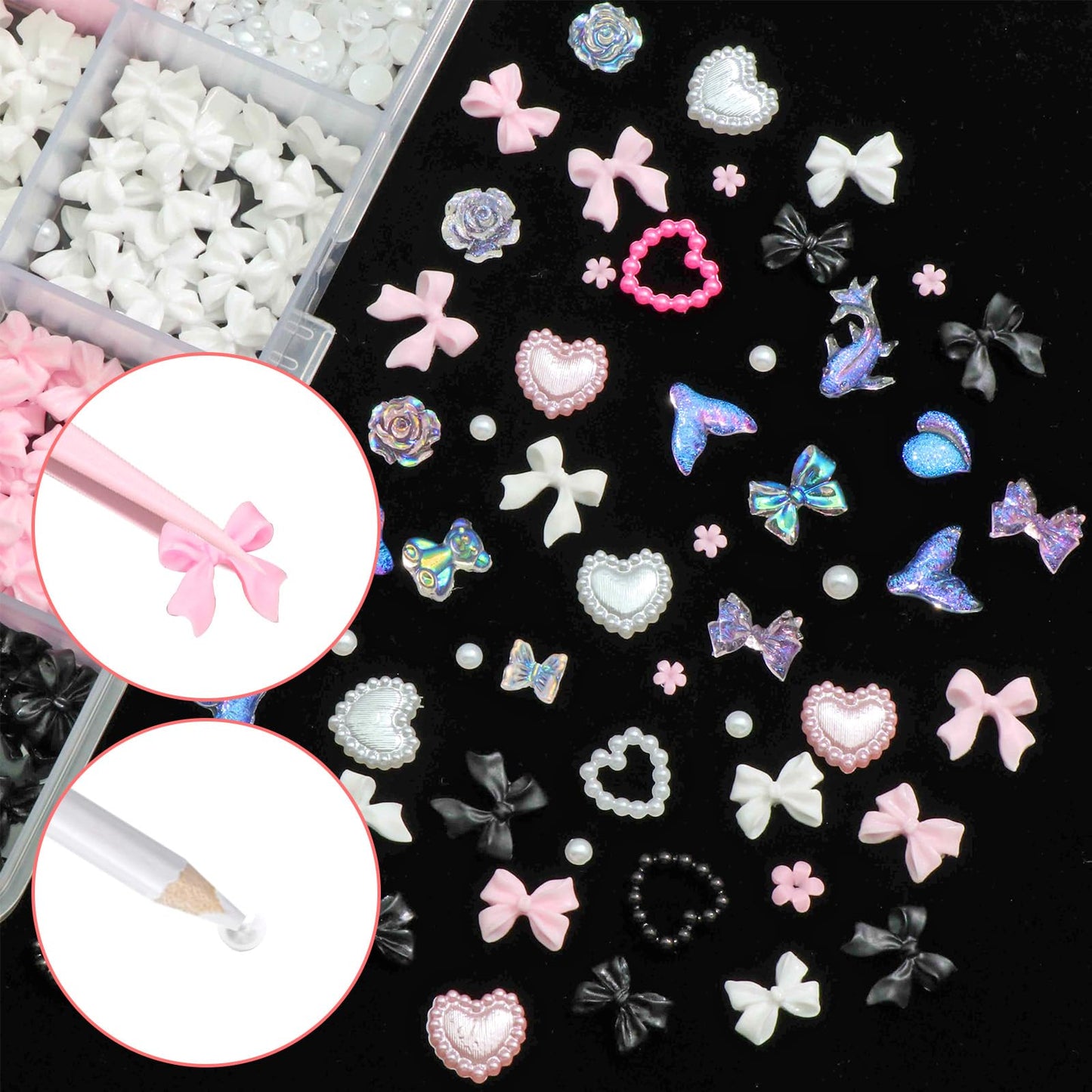 BELICEY 600PCS 3D Nail Charms and Flatback Pearls 3 Colors Bows Nail Art Charms Flower Heart Shaped Nail Charms Cute Kawaii Pretty Nail Beads Charm for Manicure DIY Crafts Jewelry Accessories