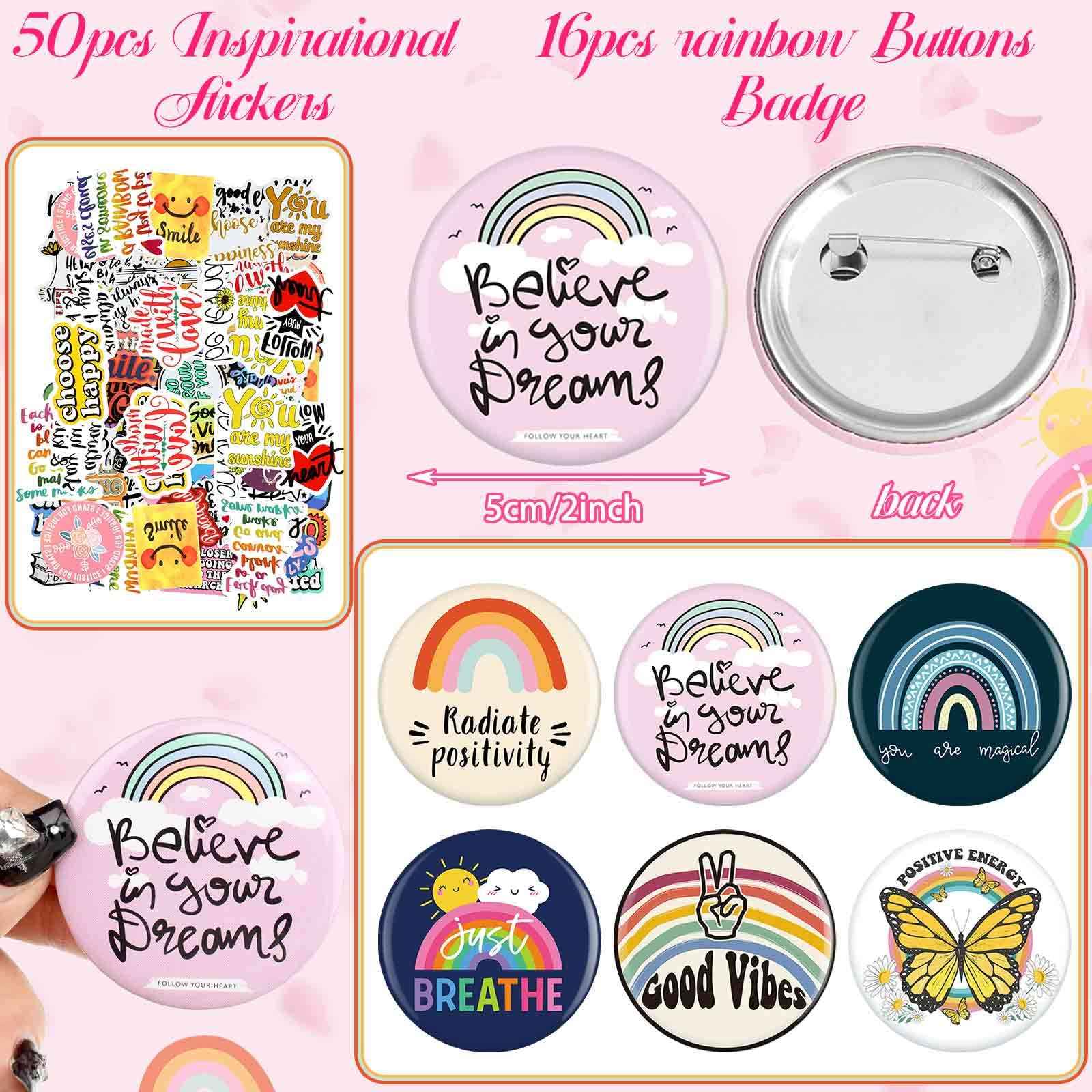 Pinkunn 68 Pcs Inspirational Gifts Bulk Inspirational Quote Key Chains Rainbow Canvas Cosmetic Bags with Zipper Motivational Stickers Button Badges Gifts for Teacher Birthday Graduation