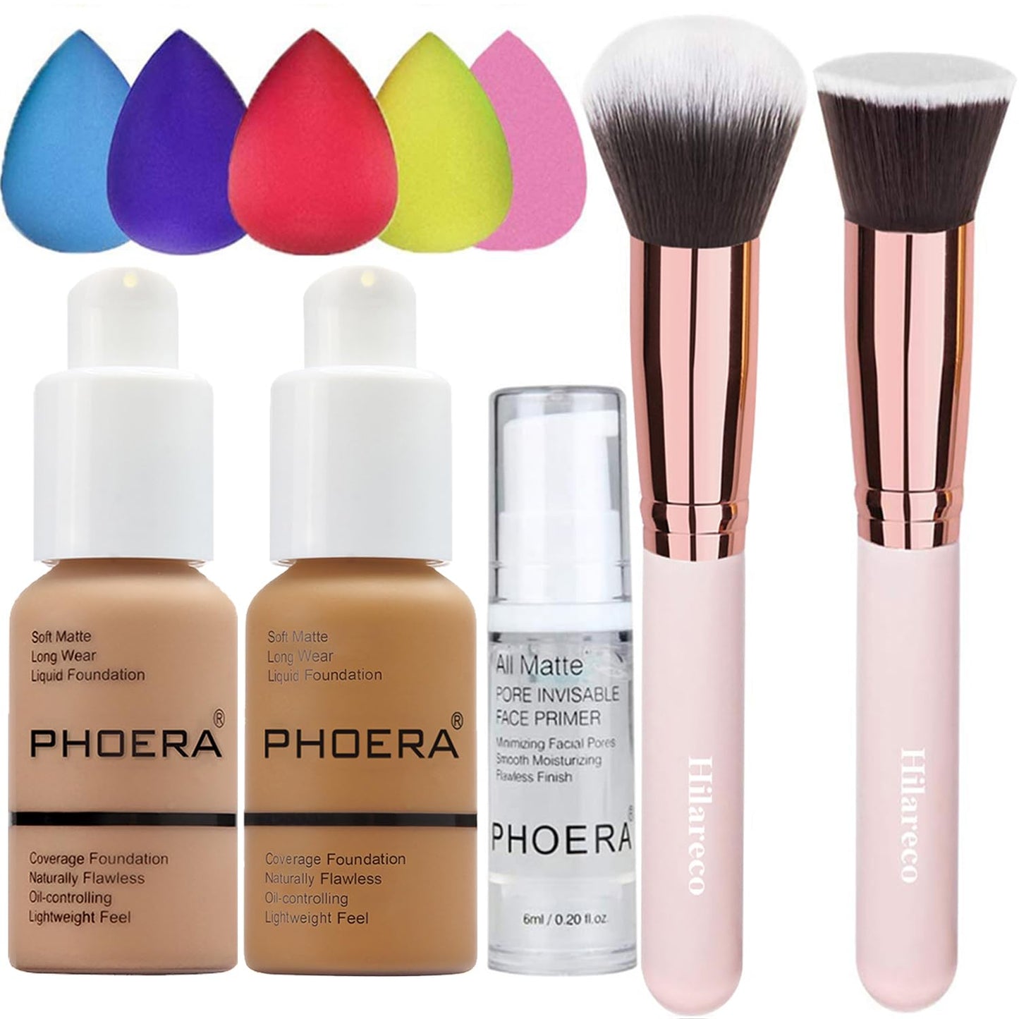 PHOERA Foundation Makeup for Wome Full Coverage Foundation Set,Face Primer Foundation Brush Powder Brush,5 Makeup Sponge,30ml PHOERA 24HR Matte Oil Control Concealer (105 Sand+111 Chestnut)