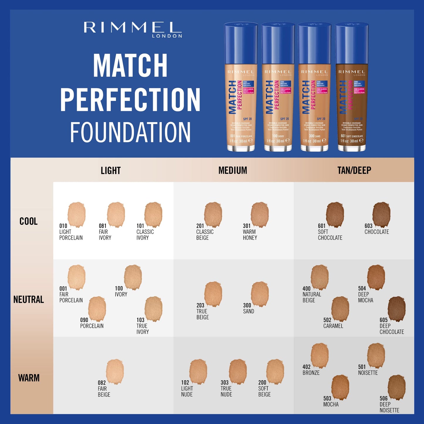 Rimmel London Match Perfection Foundation Spf20 101 Classic Ivory 30ml