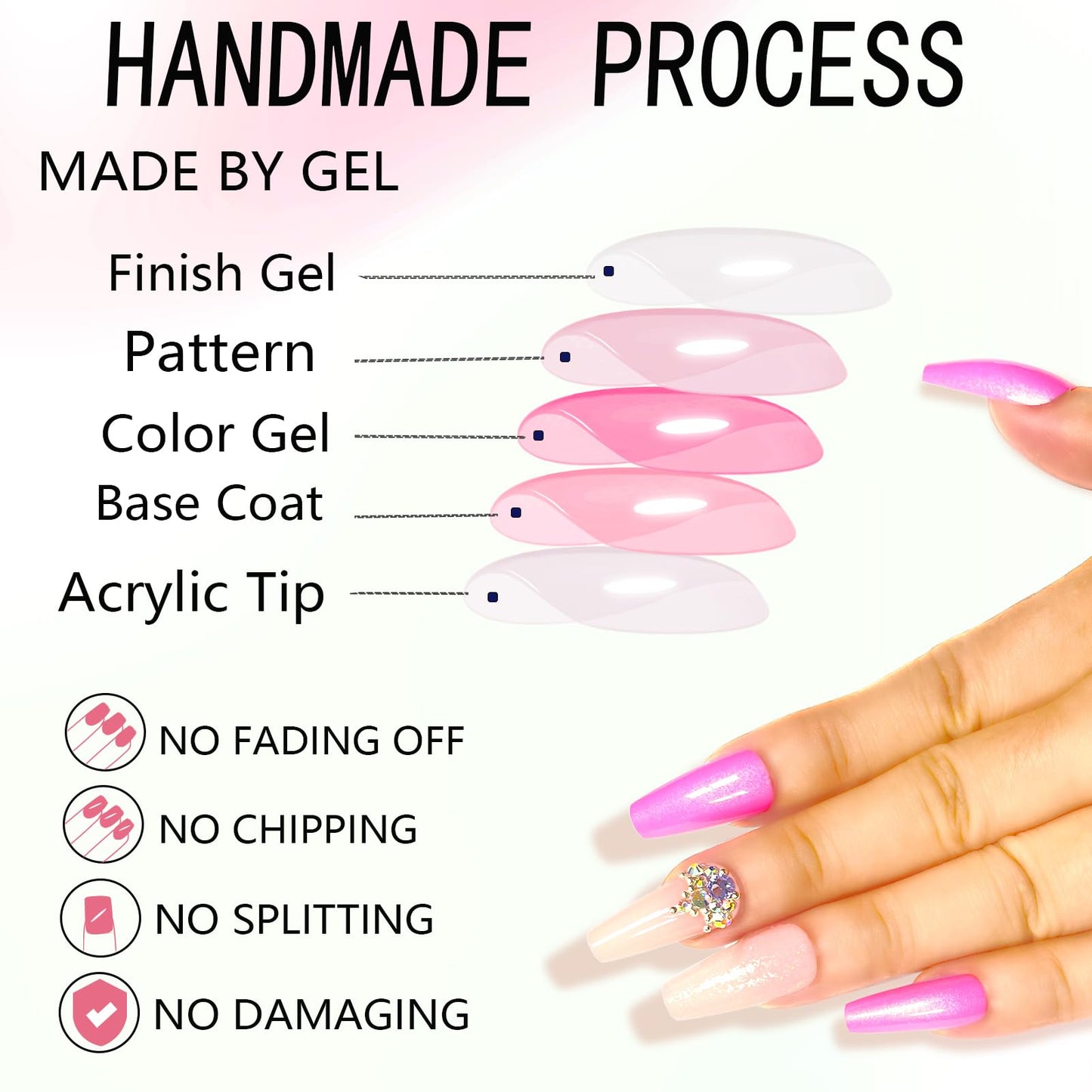 Long Press on Nails Glossy Long Fake Nails Coffin Press on Nails Square Purple Pink False Nails with Glitter & Rhinestones Design Acrylic Nails Press on Artificial Nails Stick on Nails For Women-24Pcs