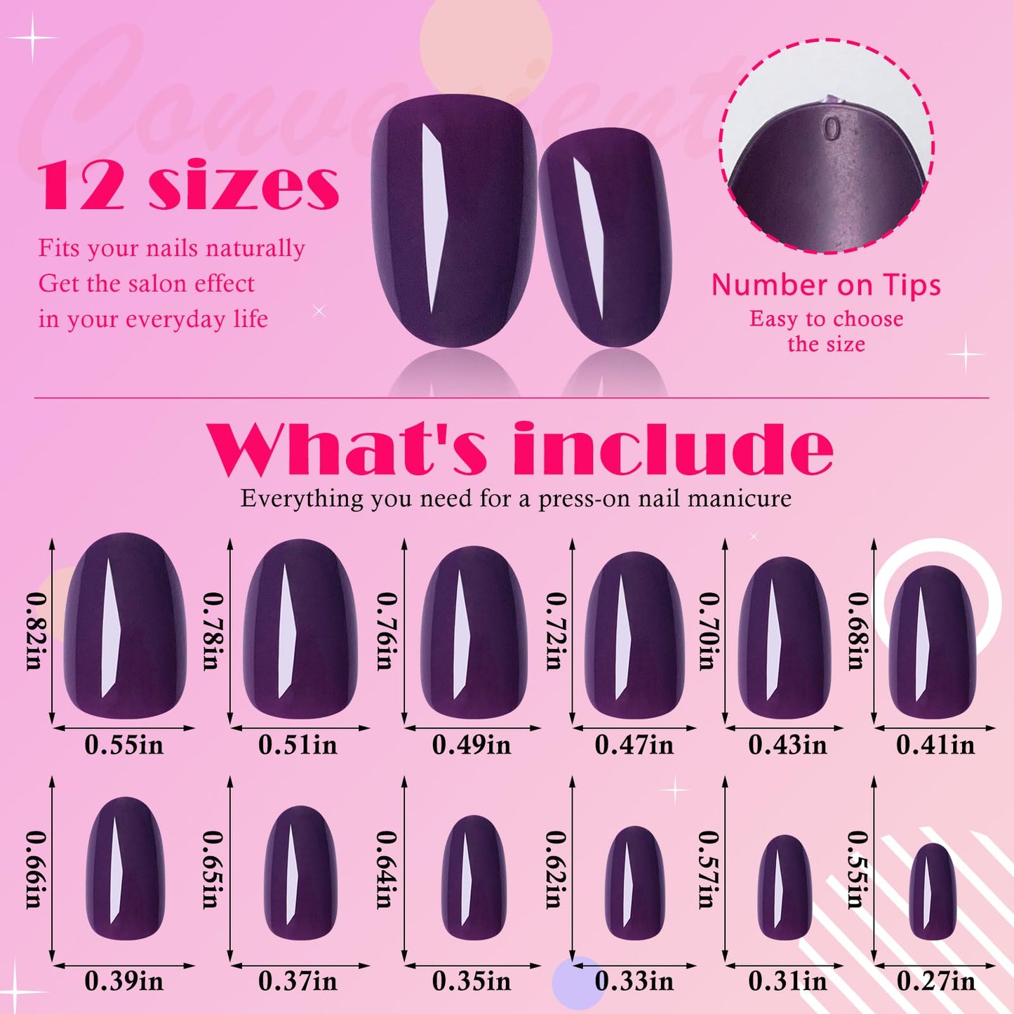 AddFavor Oval Press on Nails Short Fake Nails, 240pcs Deep Purple Nails Press on Almond False Nail Full Cover Acrylic Nail for Women and Girls