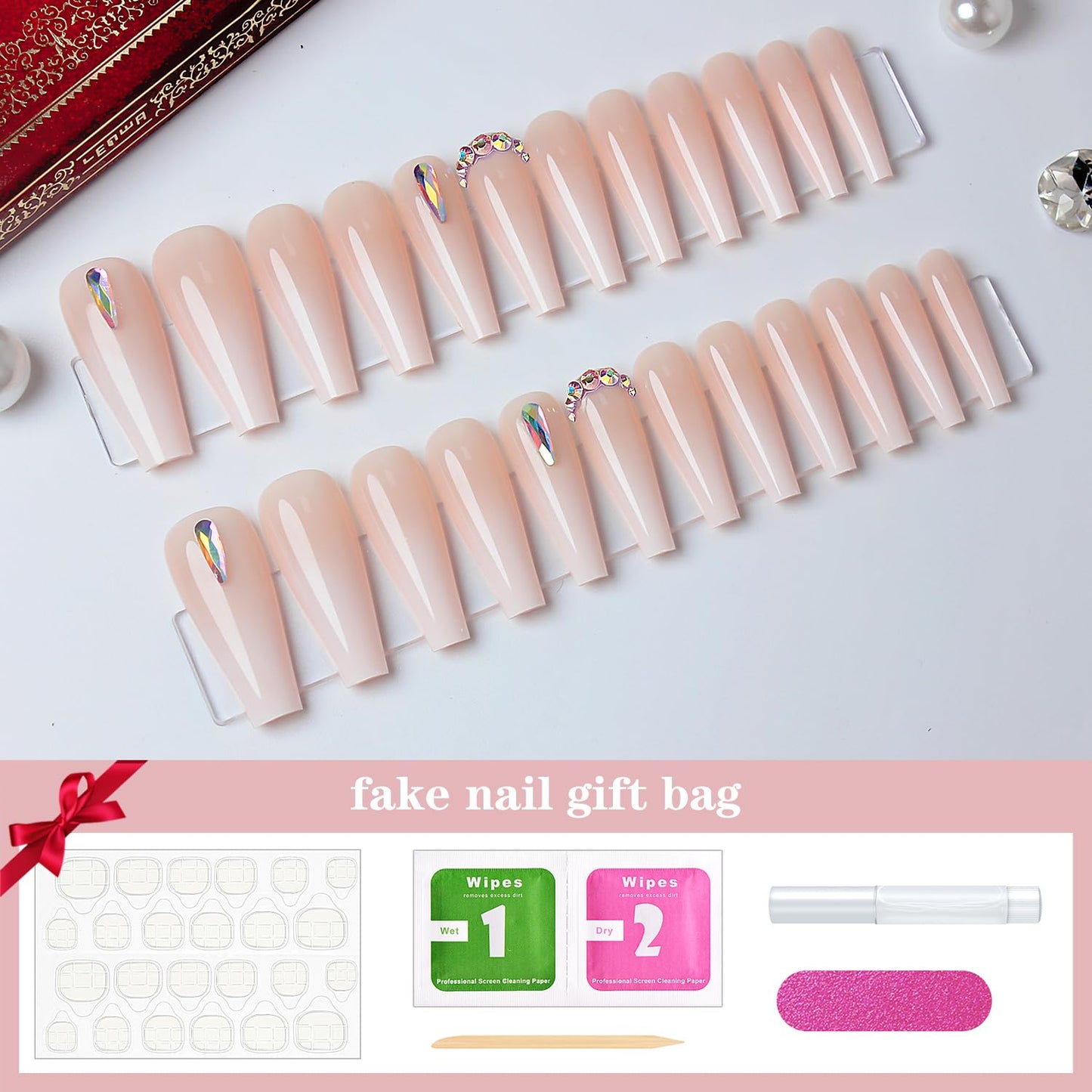 Yivaiks 24 Pcs Pink Press on Nail Long Coffin Fake False Nails with Rhinestones Design Ballerina Glue on Nails Glossy Acrylic Press ons Coffin Nails Artificial Stick on Nails for Women