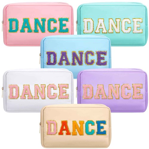 Clysee 6 Pcs Dance Makeup Bag Cosmetic Bag with Chenille Letter Patches Waterproof Portable Cheerleader Toiletry Zipper Pouch for Girl Women Appreciation (Pastel Colors)