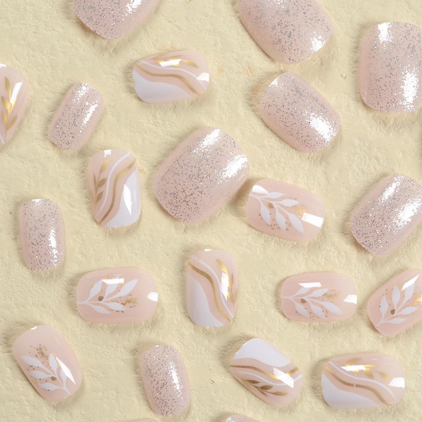 Short Square Press on Nails White Fake Nails Glossy Nude Acrylic Nails with White Leaf Glitters Designs Exquisite Full Cover Glue on Nails Fall False Nails for Women and Girls Manicure Decorations