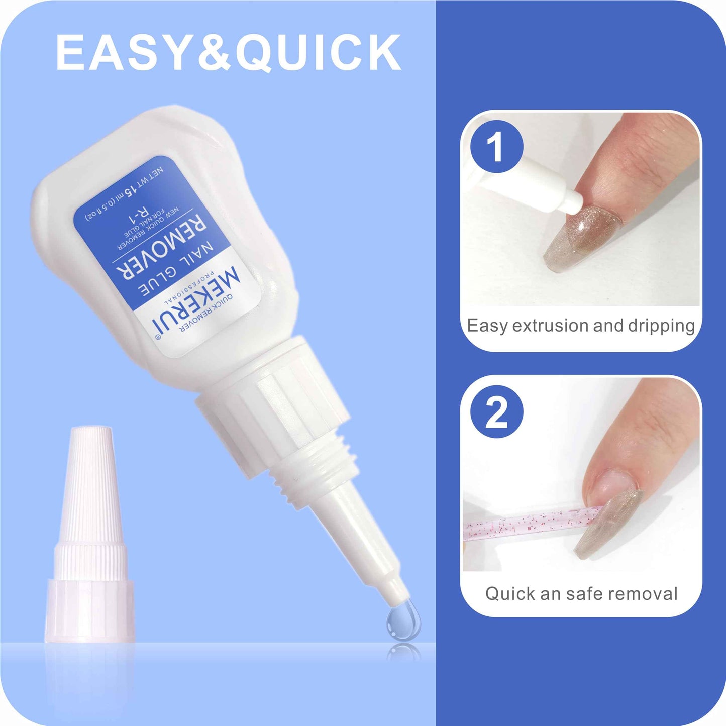 Mekerui Nail Glue & Remover Kit - 30+ Days Long-Lasting Gel, No UV Light Needed, Dropper-Type Quick Removal (G1 & R1 Professional Bundle)