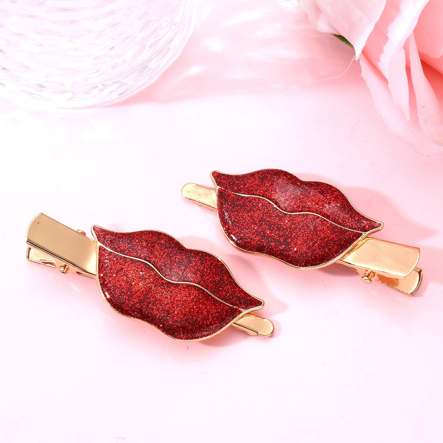 Heart Hair Clips Large Valentine's Day Glitter Heart Alligator Metal Clip Red & Pink Heart Shape Duckbill Hairpins Sweet Love Heart Hair Barrettes for Women Girls Hair Styling Accessory (Red Lips23)