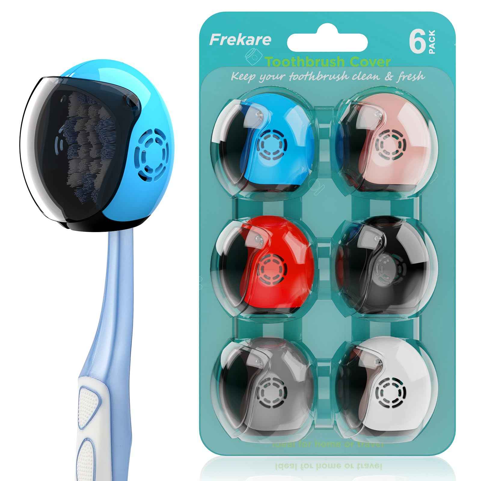 Helmet Toothbrush Covers Caps, Toothbrush Head Protector for Household Travel, Fits Most Manual and Electric Toothbrushes, 6 Count (Black, White, Grey, Blue, Pink, Red)