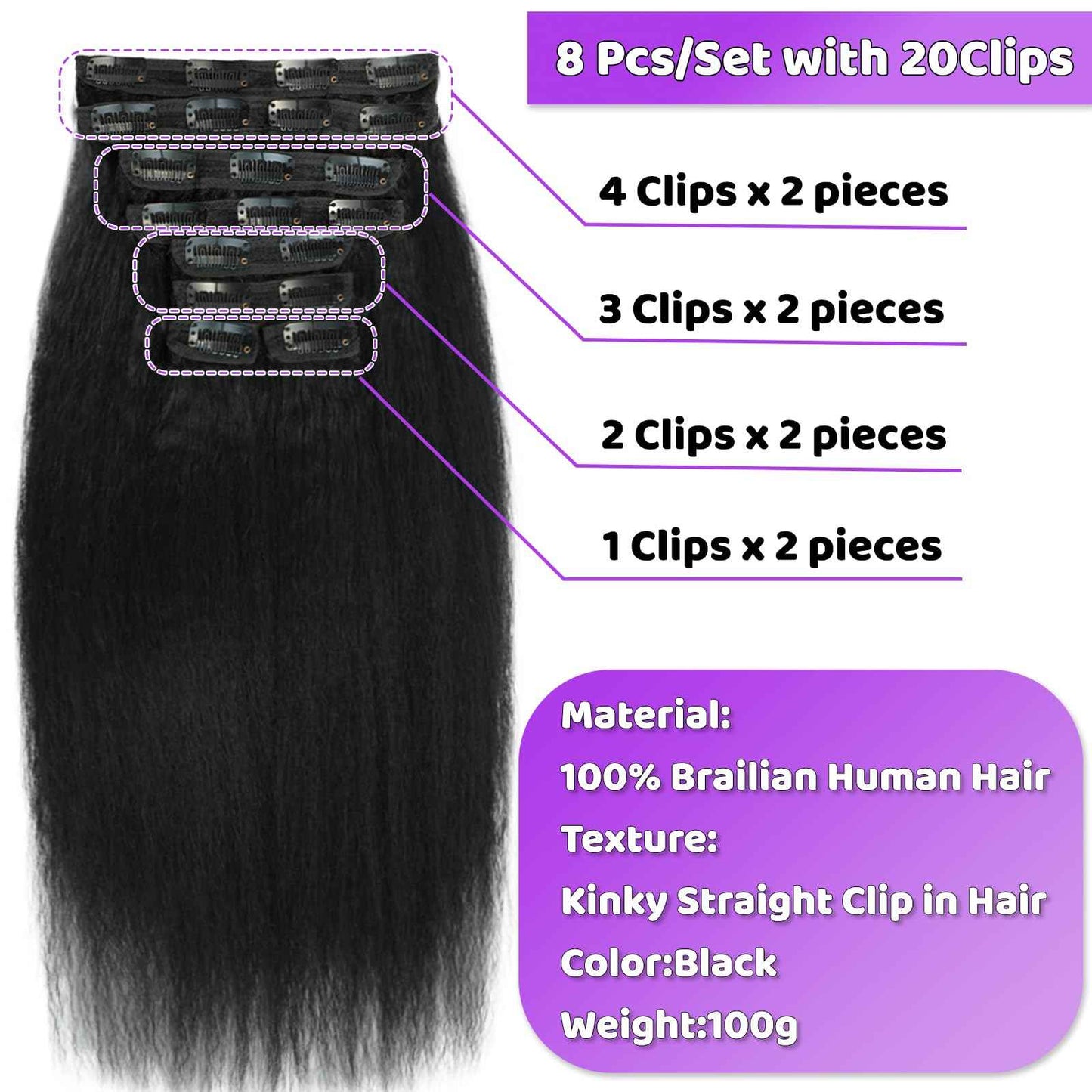 Clip in Hair Extensions Real Human Hair 14 inch Kinky Straight Clip ins For Black Women Remy Human Hair Extensions Clip ins Natural Color 8pcs 20 Clips 100g/Set
