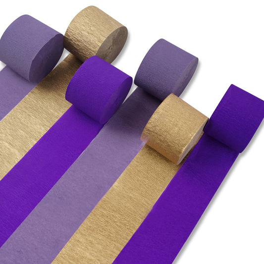 PartyWoo Crepe Paper Streamers 6 Rolls 492ft, Pack of Metallic Gold and Purple Crepe Paper Streamers, Crepe Paper for Birthday Party Decorations, Mardi Gras Decorations (1.8 in x 82 Ft/Roll)