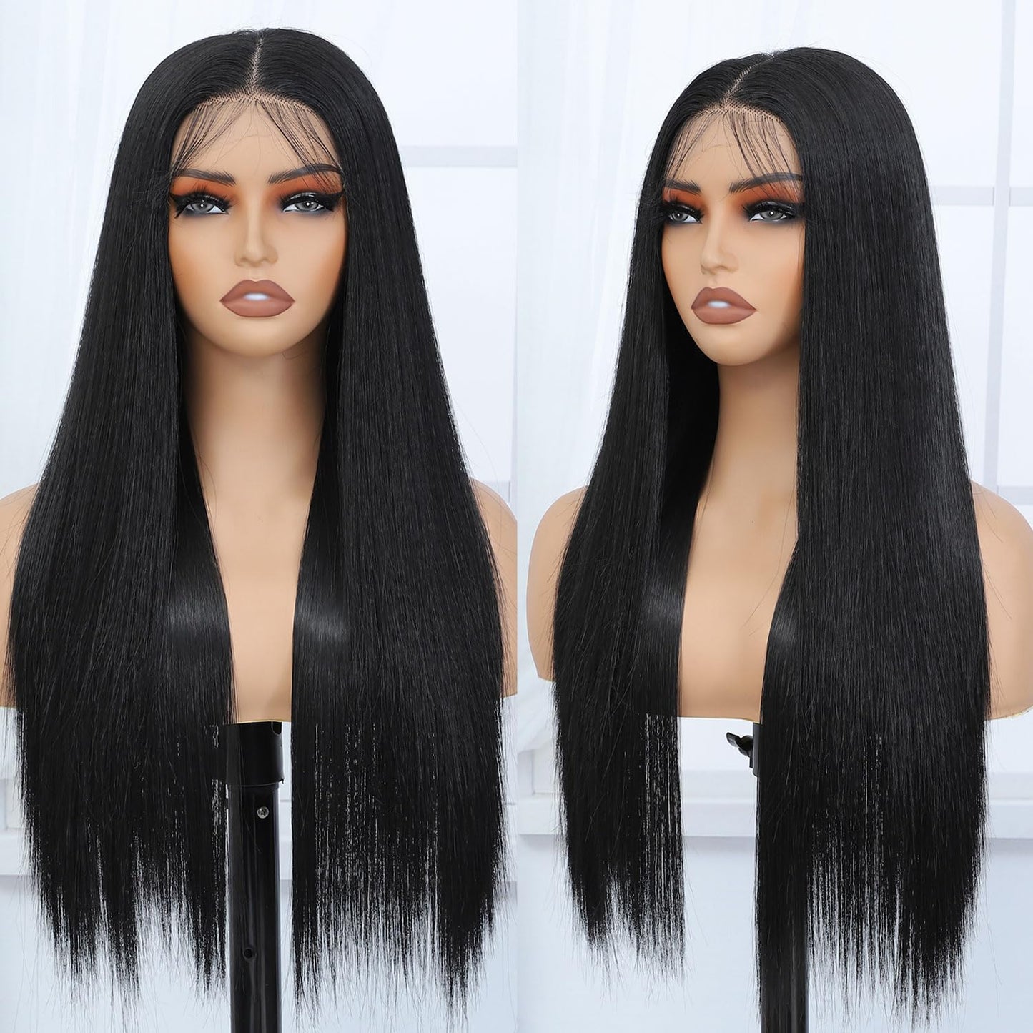 Silk Straight Synthetic Lace Front Wig Pre Plucked Wear And Go Glueless Wig HD Synthetic Lace Front Wigs for Women 180 Density 26 inch Black Natural Looking Hair Lace Wig