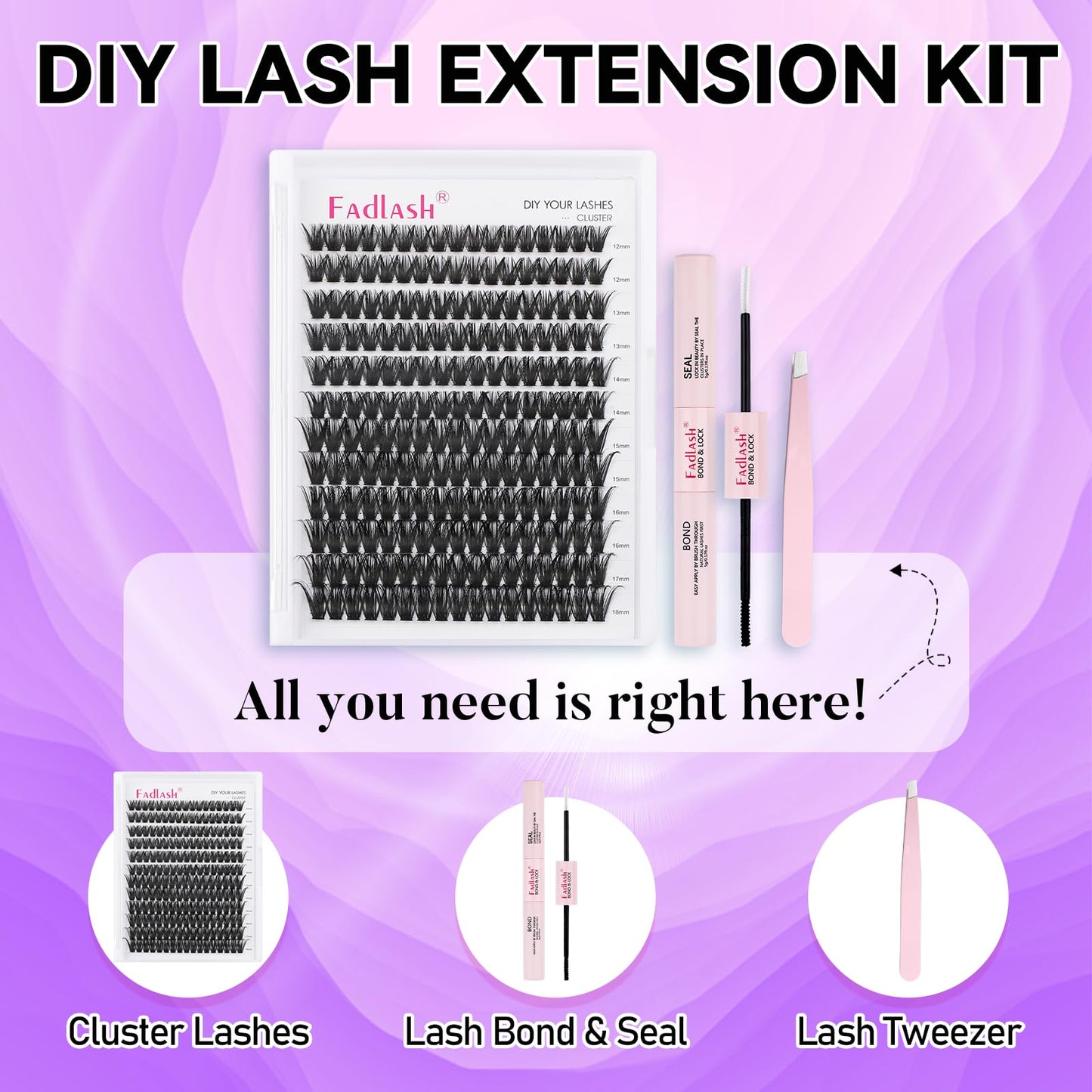 FADLASH DIY Lash Extension Kit Individual Lashes Cluster D Curl Eyelash Extension Kit with Lash Bond and Seal and Lash Applicator Tool for Self Application at Home (80D-0.07D-12-18MIX KIT)