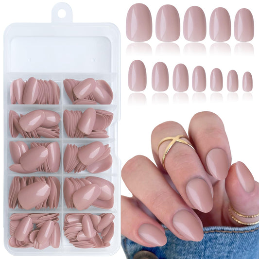 Lifextol Short Press on Nails Almond Fake Nails, 240 Round Almond Press on Nail Short Full Cover Acrylic Presson Nail Tips Nude Tan Artificial False Fingernail Nail Glue Adhesive Tabs for Women Kids