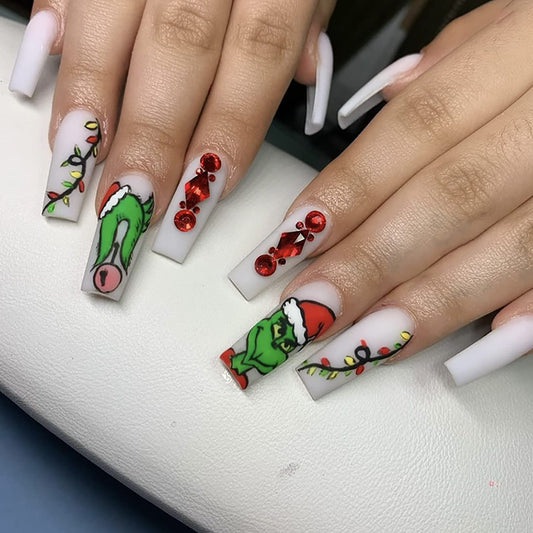 Christmas Press on Nails Long Coffin Fake Nails Green Fur Monster Design Full Cover Acrylic False Nails with Design Rhinestone Artificial Nails Winter Christmas Glue on Nails Nail Decorations