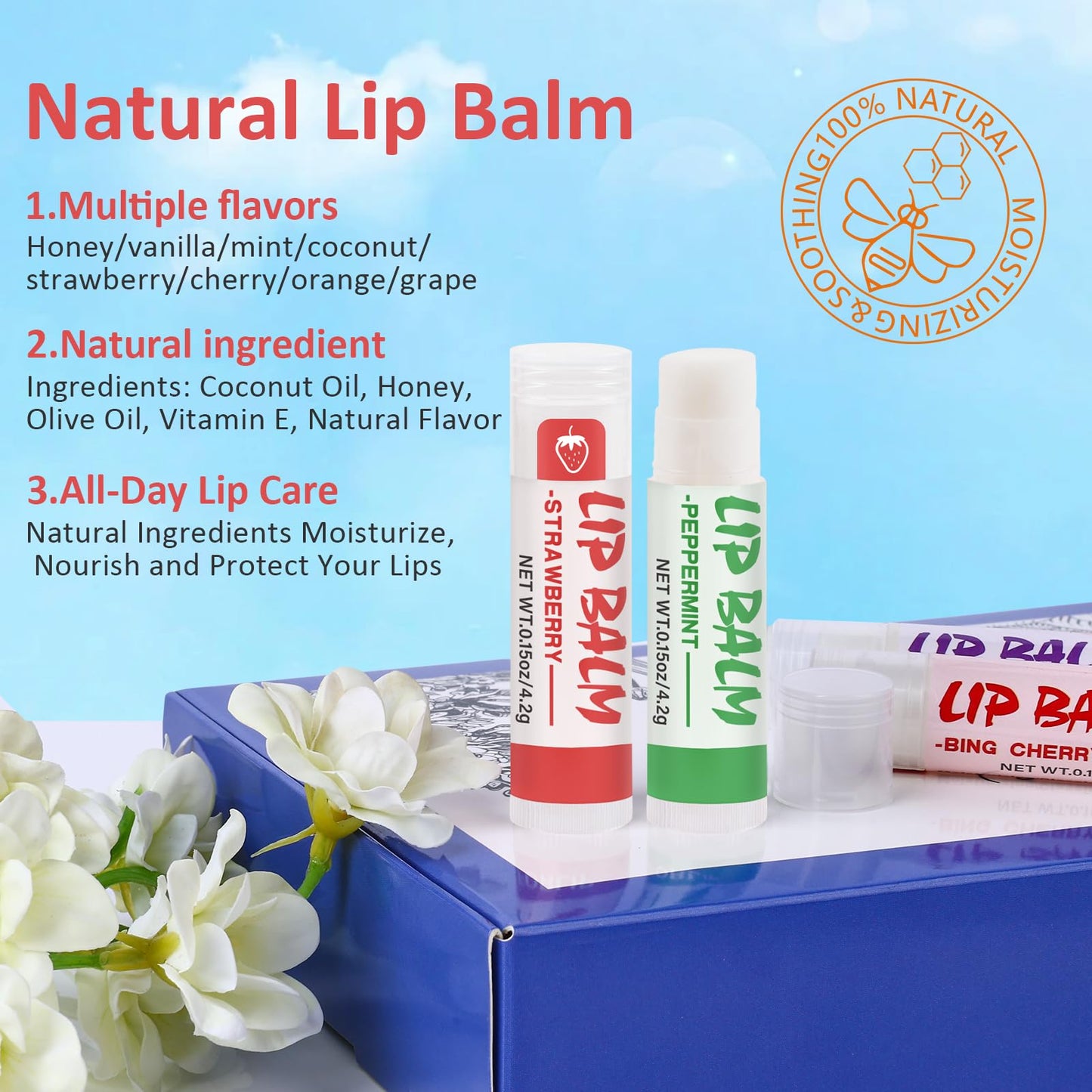 64 Pack Lip Balm, Natural Lip Balm Bulk with Vitamin E and Coconut Oil, Moisturizing Soothing Chapped Lips-8 Flavors