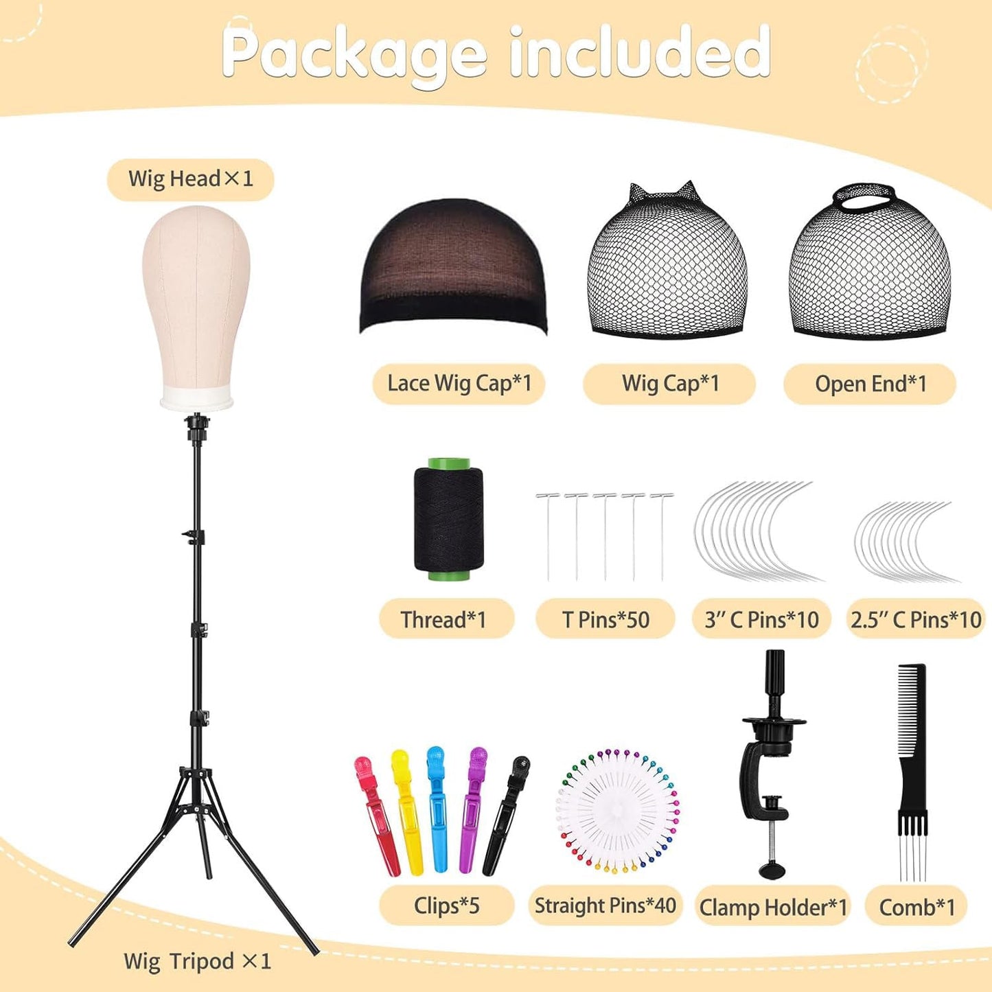 Ginogend 22 Inch Wig Head, Wig Stand Tripod with Head, Canvas Block Head Mannequin Head Set for Making Wigs with Wig Caps, Table Clamp, T Pins Set, C Needles, Hair Brush&Clips