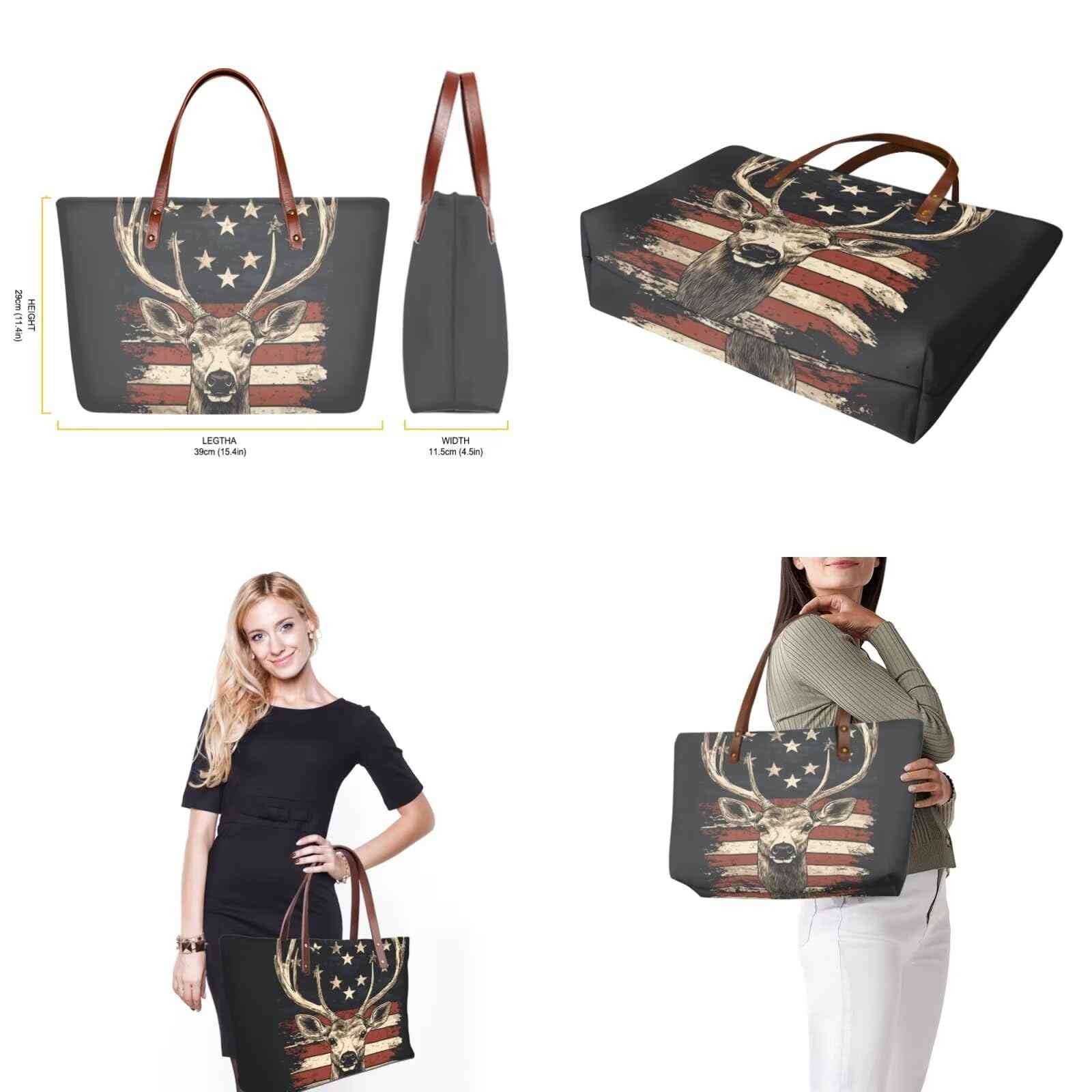 GIFTPUZZ American Flag Deer 3 Pcs Large Handbags for Women with Zipper Travel Wallets, Large Capacity Top-Handle Bags, PU Leather Purse Clutch Bag Portable Cosmetic Case