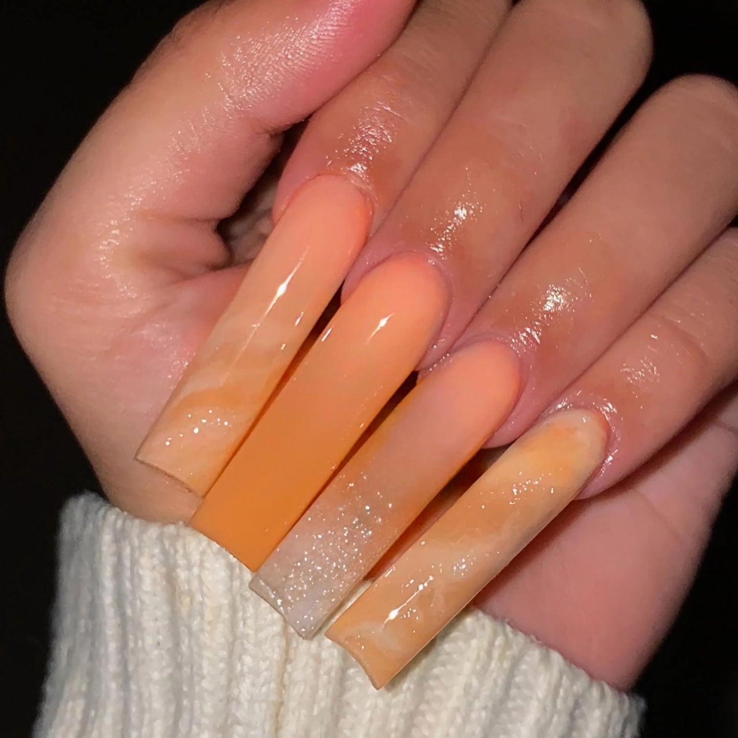 BABALAL Square Press on Nails Long Fake Nails Summer Orange Ombre Glue on Nails Glitter Shiny Acrylic Nails 24Pcs Squoval Stick on False Nails for Women and Girls