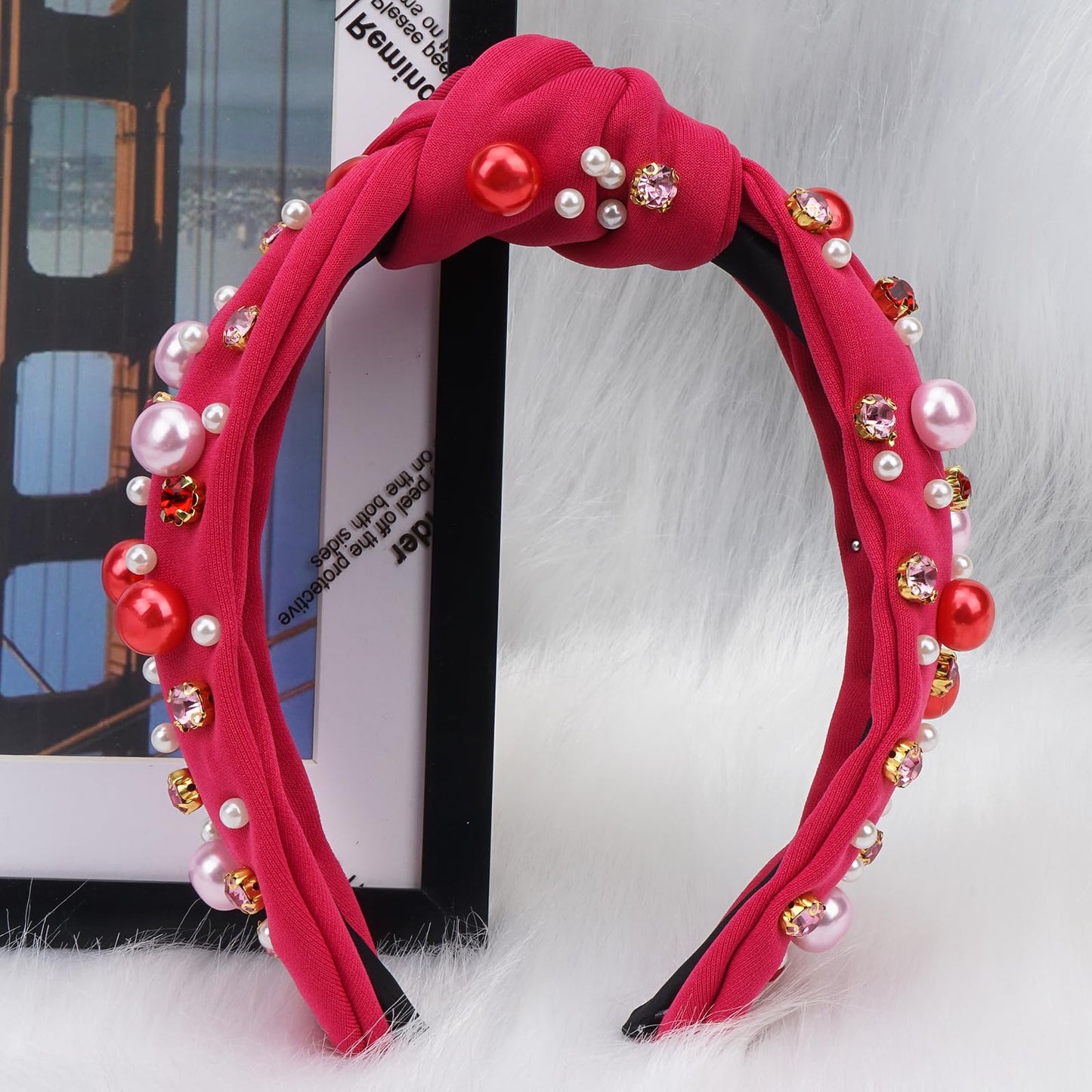 TULOBI Valentine's Day Headband for Women Pearl Knotted Headband Red Pink Pearl Rhinestone Crystal Jeweled Hairband Wide Top Knot Hairband Valentine’s Day Headpiece Holiday Outfits Gifts (Rose Red)