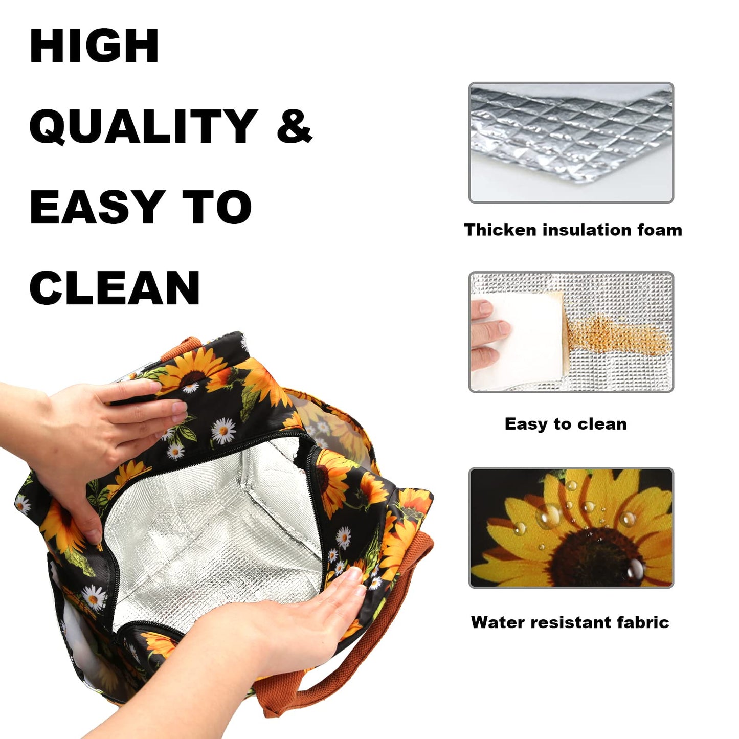 Joymee Lunch Bag Women Insulated Lunch Box Reusable Leakproof Large Spacious Cooler Tote for Womens Mens Adults with Bottle Holder and Side Pockets for Work Office Travel Picnic - Sunflower