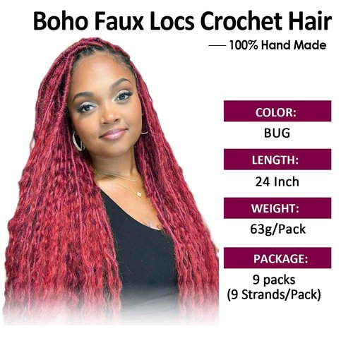 9 packs Boho Faux Locs Crochet Hair, 24 Inch, Burgundy Pre Looped Goddess Soft Locs Crochet Hair with Curly Ends, Bohemian River Locs for Black Women(BUG#, 24 Inch)