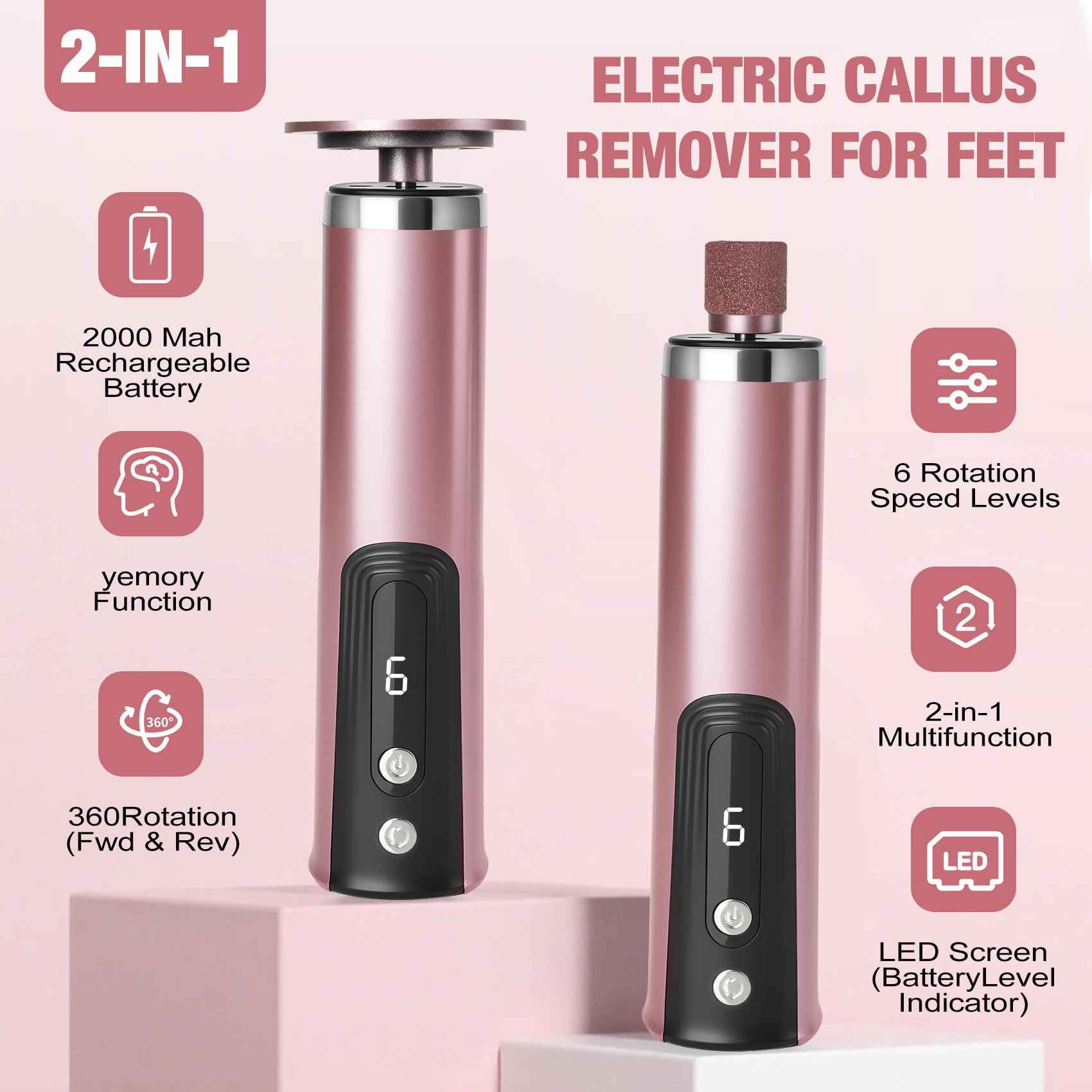 Callus Remover for feet, Electric Foot Callus Remover, Foot File with 6 Adjustable Speed, Foot Scrubber Scraper with 2 Grinding Heads & Sandpaper Discs, Pedicure Tools for feet with Digital Display