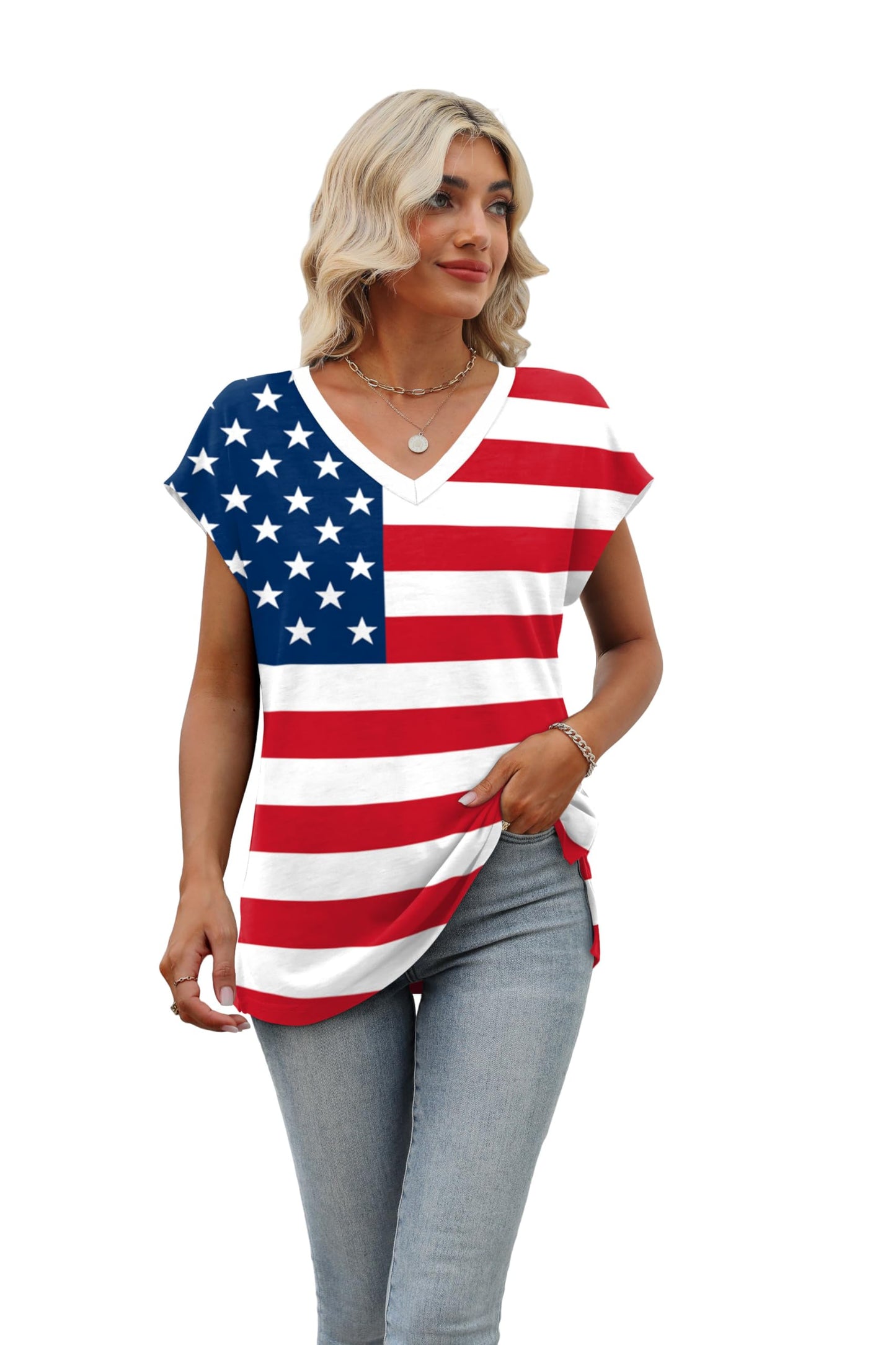 Stars and Stripes Shirts for Women Cap Sleeve Summer Tops Trendy Tank Tops V Neck Loose Fit Shirts S