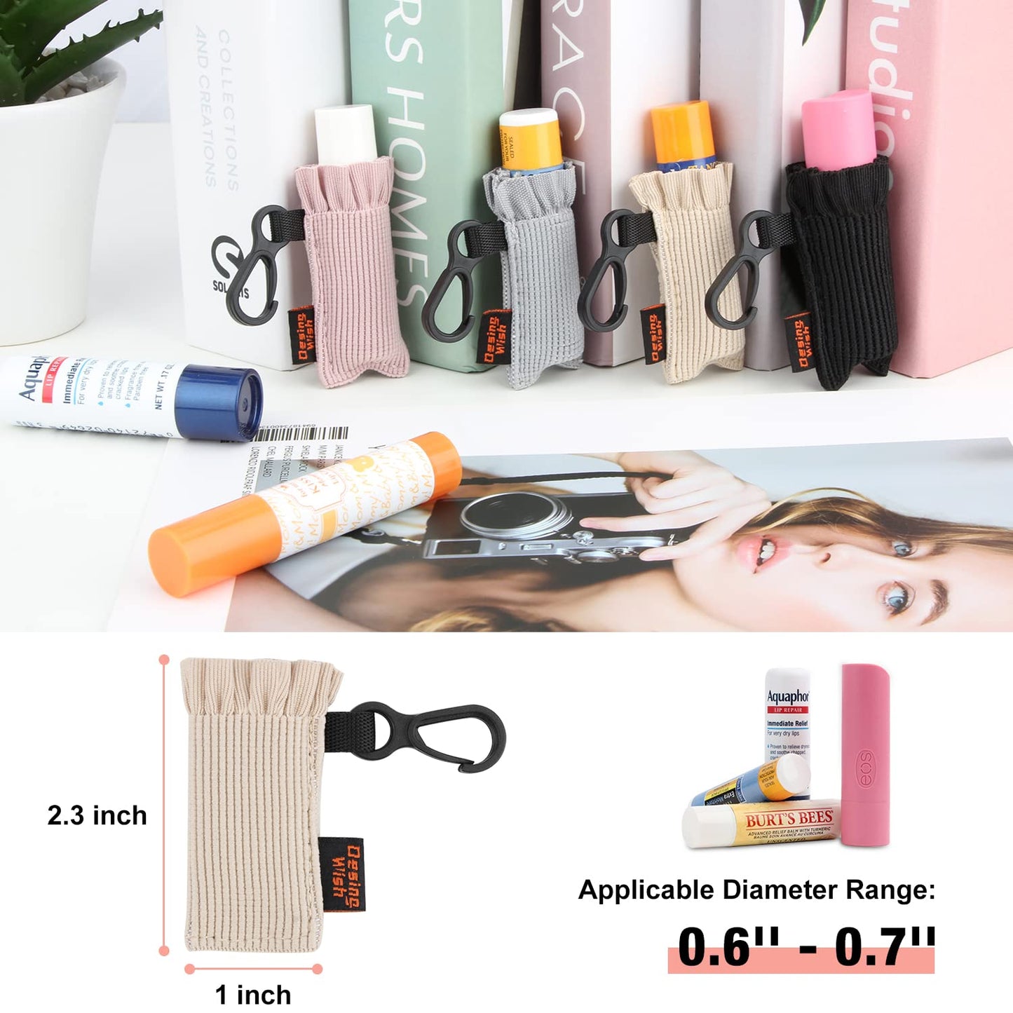 Desing Wish Lip Balm Holder Keychain, Elastic Chapstick Holder Sleeve, Cute Pattern Lip Balm Keychain Sleeves Clip On Keys/Purse/Bag 4 Pack (Black/Nude/Pink/Grey)