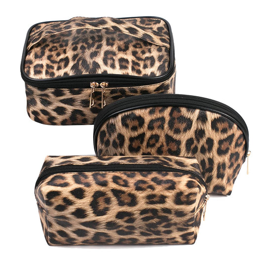 FITINI Makeup Bag Leopard 3 Pack Travel Toiletry Bag Portable Cosmetic Pouch Organizer with Small Brush Holders Gold Zipper Waterproof Storage Case for Women and Girls