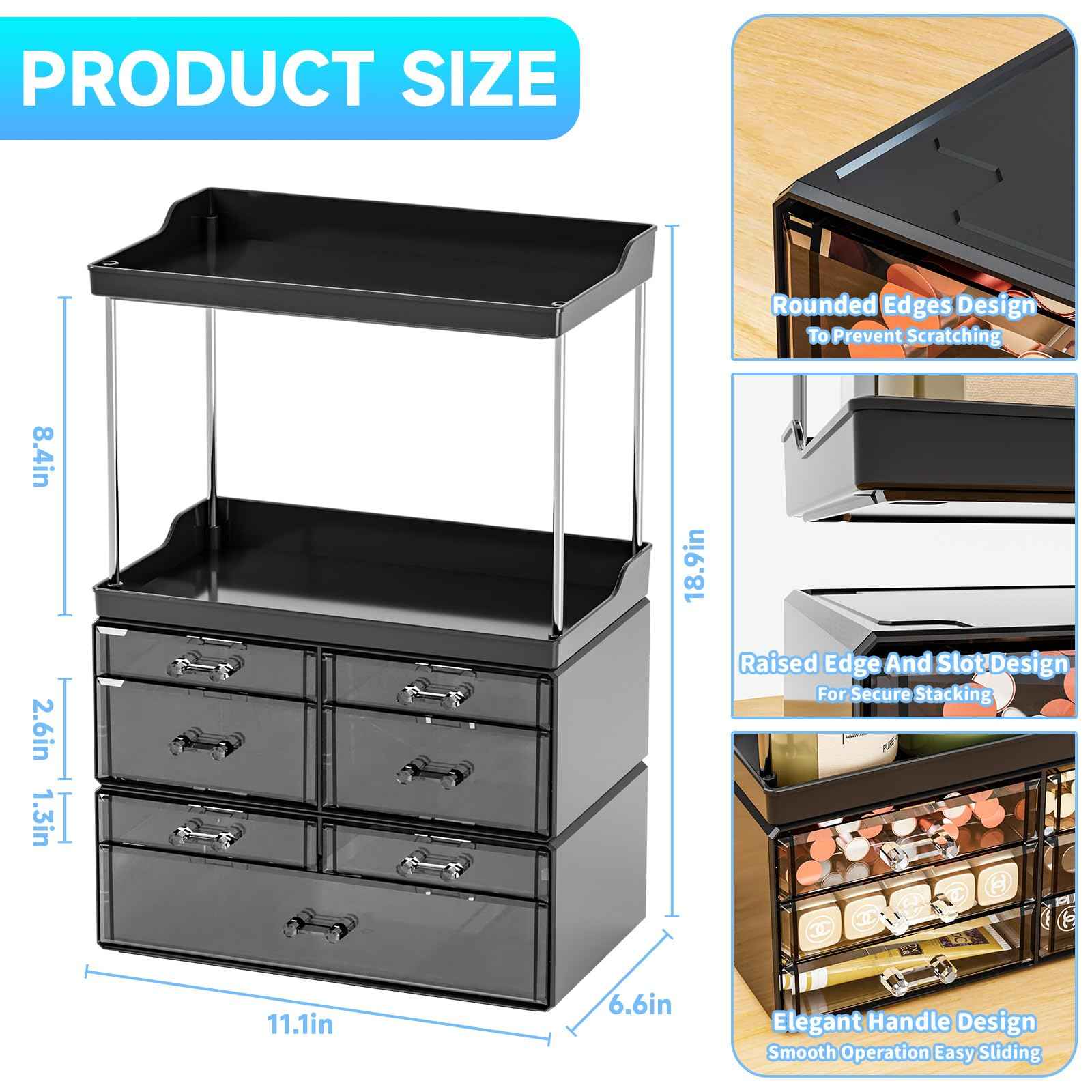 3 Pack Bathroom Organizers and Storage Countertop With 7 Drawers,Stackable Vanity Drawer Organizer for Makeup,18.9" Tall Large Capacity Skincare Organizer and Exquisite Makeup Organizer,Black