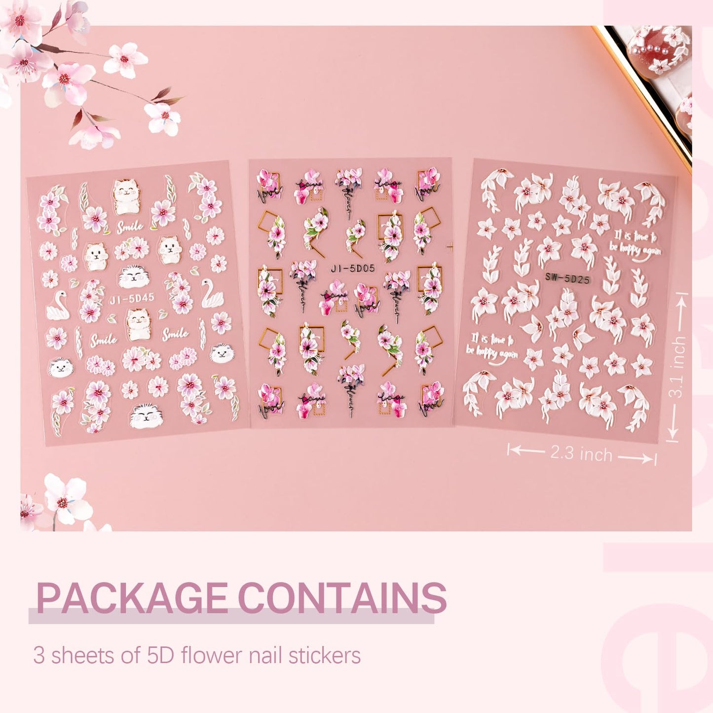 5D Flower Nail Stickers for Nail Art, 3 Sheets Embossed Nail Decals Self Adhesive Nail Art Stickers, Pink White Cherry Blossom Floral Nail Decorations Accessories for Women Girls Spring Summer