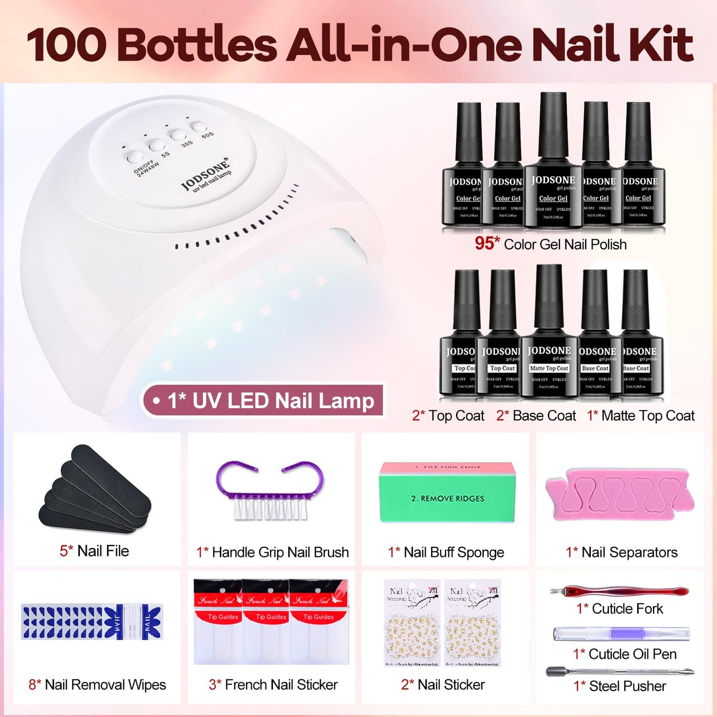 JODSONE 100 Bottles of Gel Nail Polish Kit with U V Led Light 95 Multiple Glossy Glitter Colors Mint Green Light Pink Nail Gel Base Coat Glossy and Matte Top Coat Gel Polish Kit