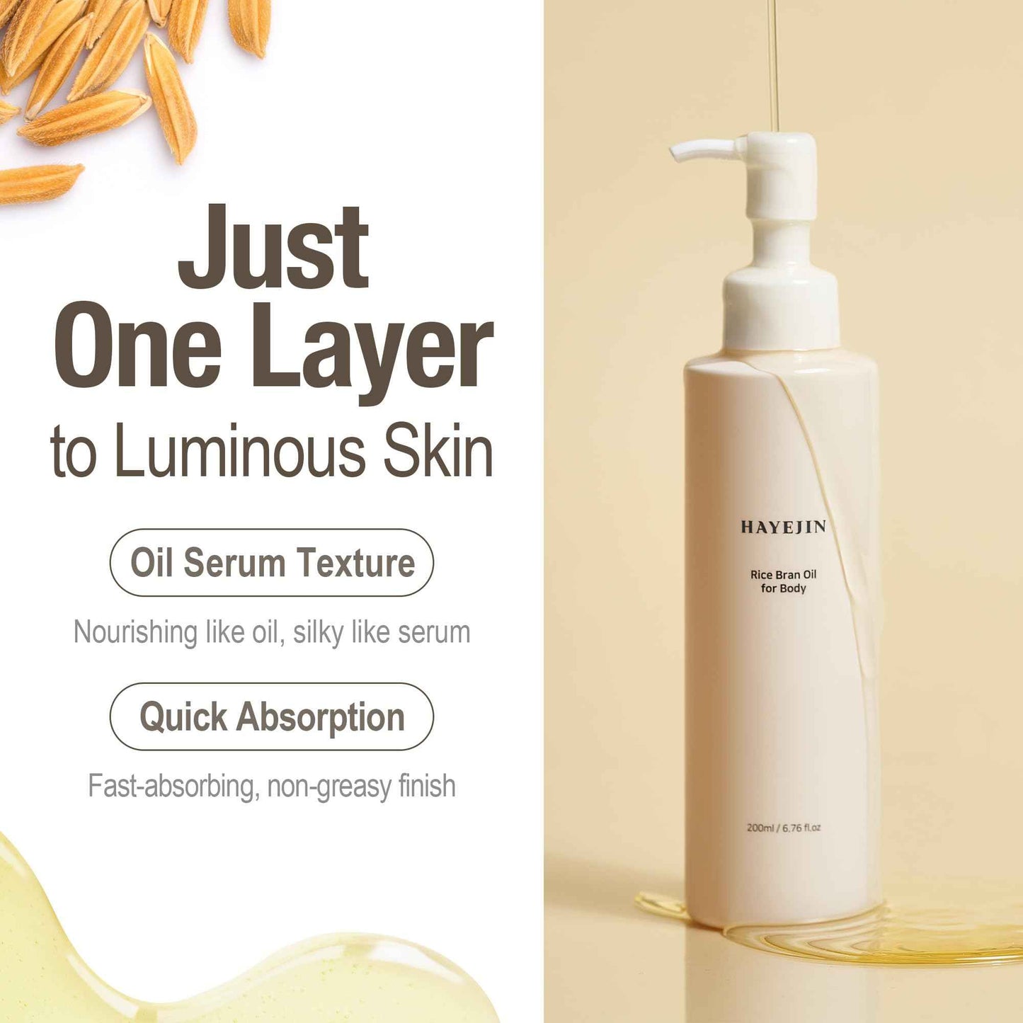 HAYEJIN Rice Bran Oil for Body | Moisturizing For Men & Women | Hydrating Body Oil w/Fermented Rice Bran Oil for Skin | Refreshing Body Oil for Dry Skin 6.76 Fl Oz