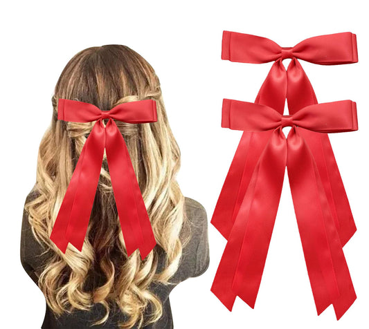 Silky Satin Ribbon Bow Hair Clips for Women Bowknot Hair Ponytail Holder Accessories for Women Girls Toddlers Teens Kids Party Wedding Prom Daily Outfits (Red*2)