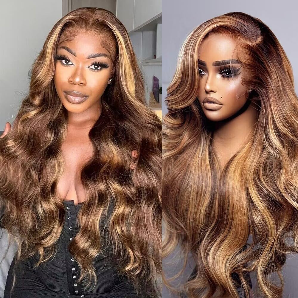 litmisr 13x4 Highlight Ombre Lace Front Wig Human Hair 180% Density 4/27 Honey Blonde Lace Frontal Wigs Pre Plucked with Baby Hair Ombre Body Wave Lace Front wig Human Hair for Black Women 22inch