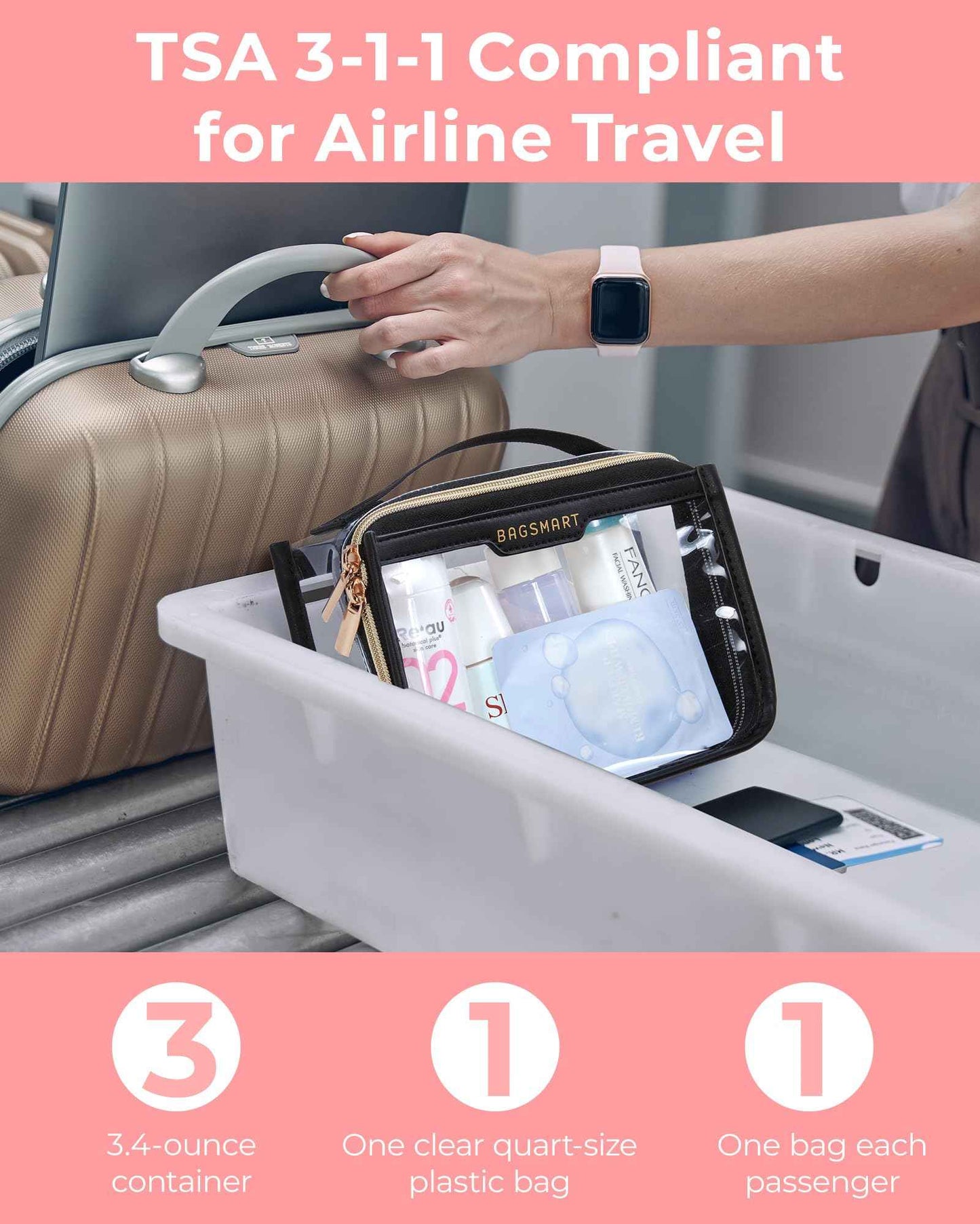 BAGSMART TSA Approved Toiletry Bag, Clear Travel Toiletry Bag, Makeup Cosmetic Pouch Bag for Women Quart Size Compliant Bag Organizer for Travel Essentials (Black Pack of 1,)