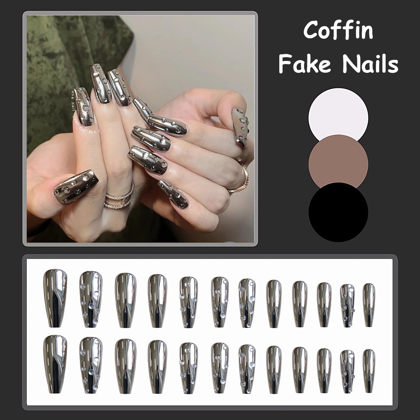 MISUD Press on Nails Long Coffin Fake Nails Glossy Glue on Nails Bling Silver Chrome Acrylic Nails Ballerina Artificial Nails Rhinestone Stick on False Nails with Design 24 pcs