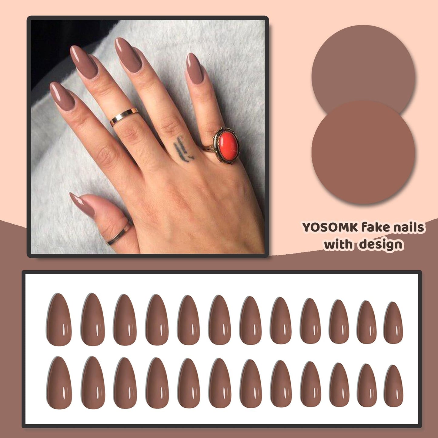 YOSOMK Coffee Brown Press on Nails Almond Medium Fake Nail Solid Color Full Cover Artificial False nails Glossy Manicure Glue on Acrylic Nails for Women