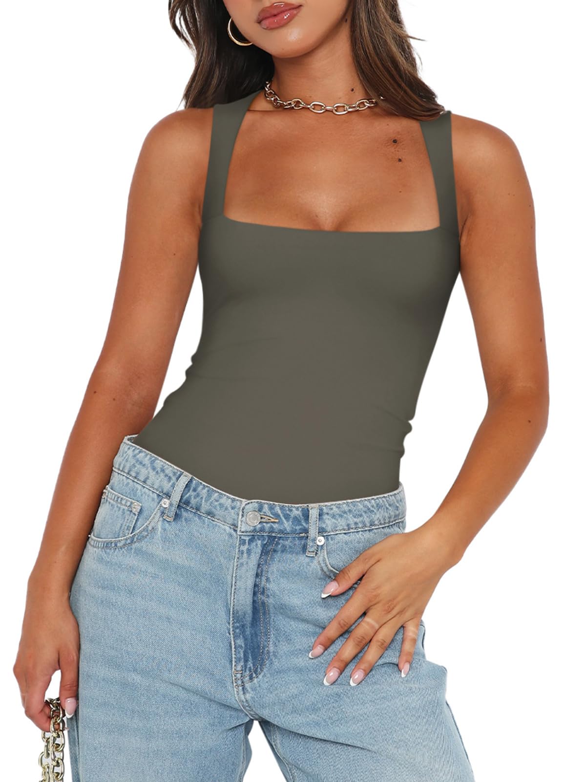 REORIA Womens Summer Sexy Sleeveless Square Neck Double Lined Going Out Cute Thong Bodysuit Tank Tops Grey Green X-Small