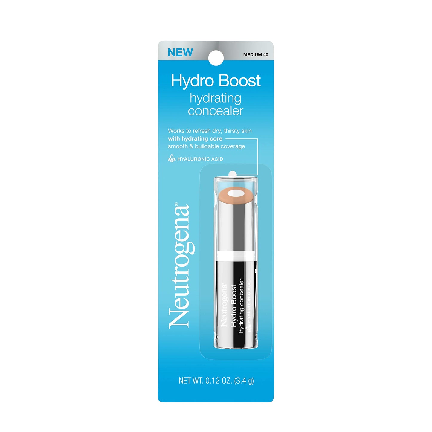 Neutrogena Hydro Boost Hydrating Concealer Stick for Dry Skin, Oil-Free, Lightweight, Non-Greasy and Non-Comedogenic Cover-Up Makeup with Hyaluronic Acid, 40 Medium, 0.12 Oz