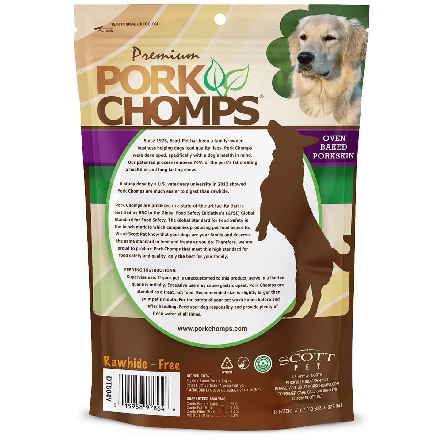 Pork Chomps Baked Pork Skin Dog Chews, 6-inch Twists, Real Sweet Potato Wrap, 4 Count